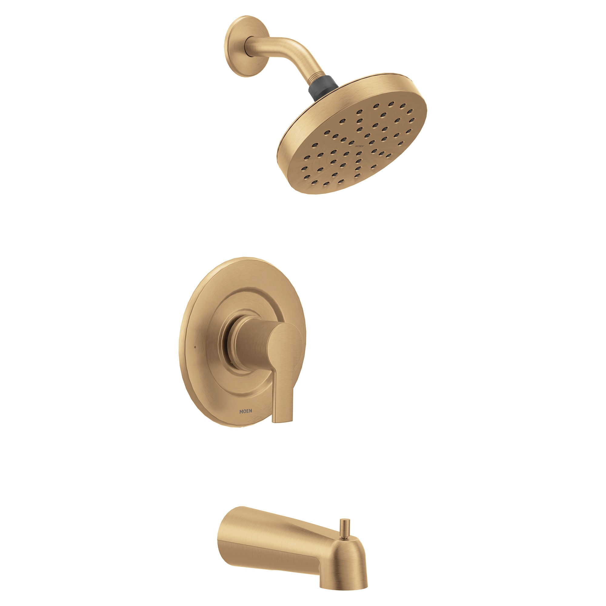 Grifo de bañera y ducha redondo de 6.18 pulgadas en color dorado bronceado con una manija y función única, de Moen Rinza, incluye válvula 82628BZG