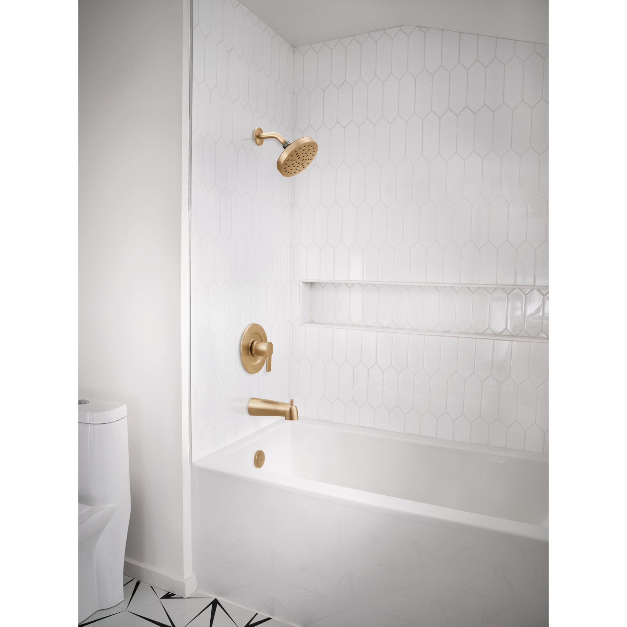 Grifo de bañera y ducha redondo de 6.18 pulgadas en color dorado bronceado con una manija y función única, de Moen Rinza, incluye válvula 82628BZG