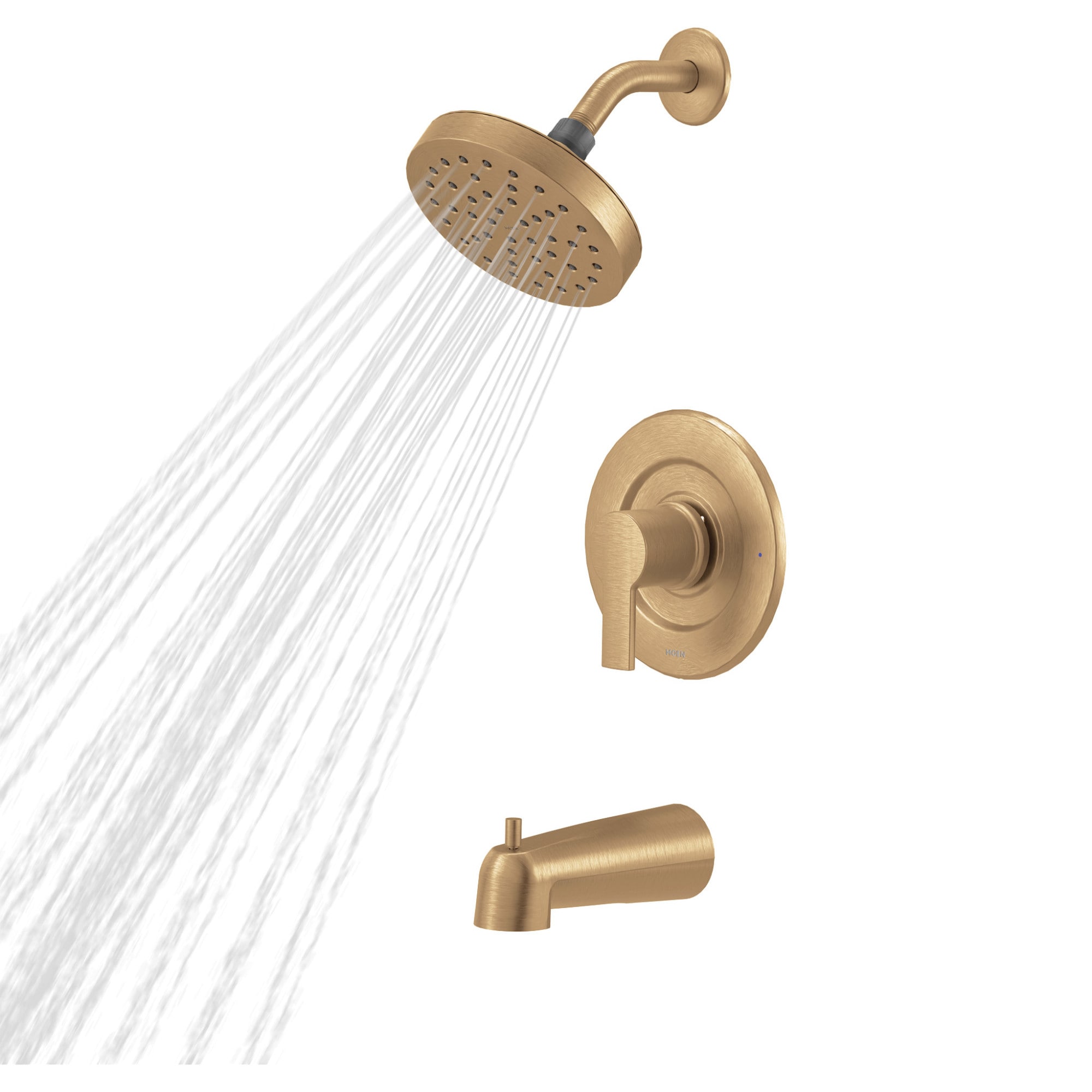 Grifo de bañera y ducha redondo de 6.18 pulgadas en color dorado bronceado con una manija y función única, de Moen Rinza, incluye válvula 82628BZG