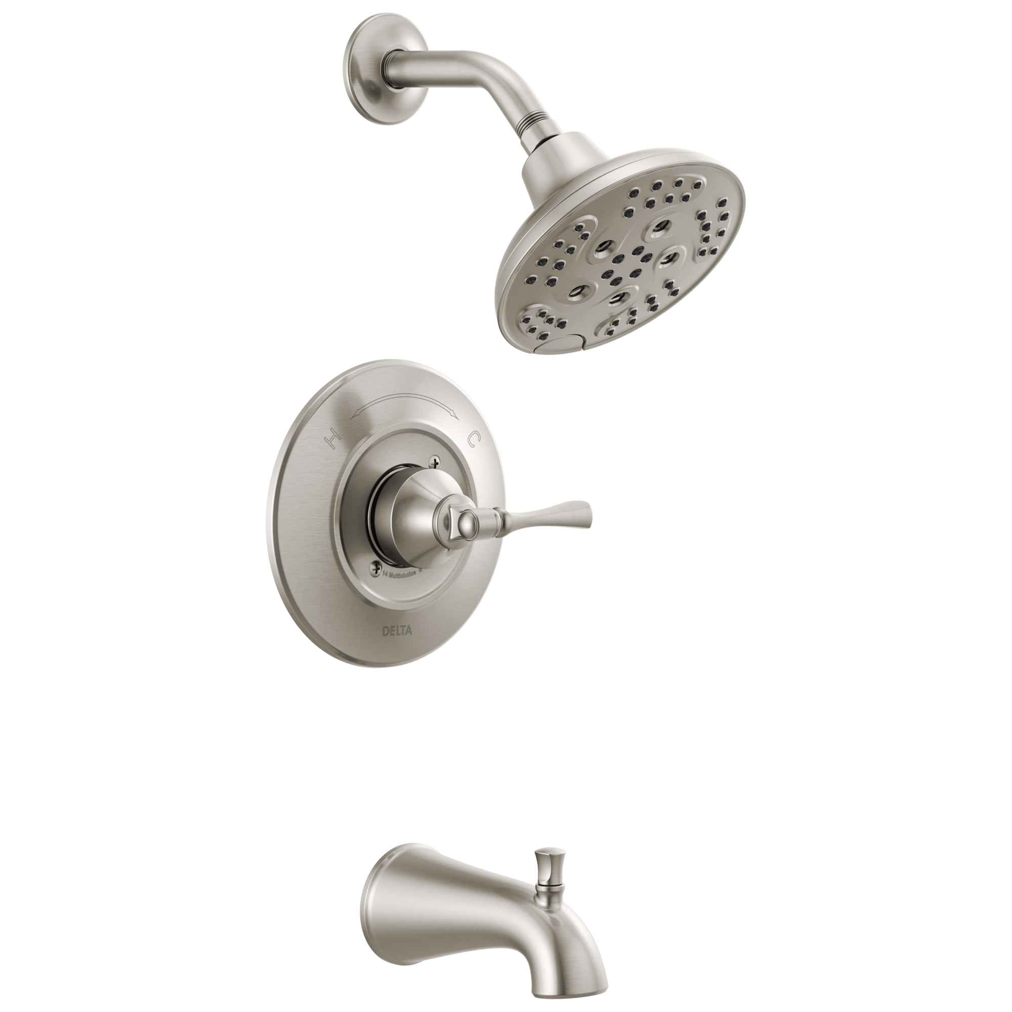 Grifo para tina y ducha redonda de 6 pulgadas de Delta Archdale con acabado Spotshield en níquel cepillado y una sola manija multi-función con válvula