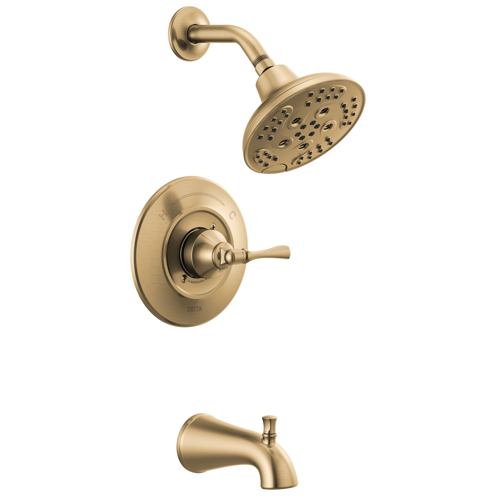 Grifo de bañera y ducha redondo de 6 pulgadas con acabado en bronce champagne de un solo mango y función múltiple de Delta Archdale con válvula 144798-CZ