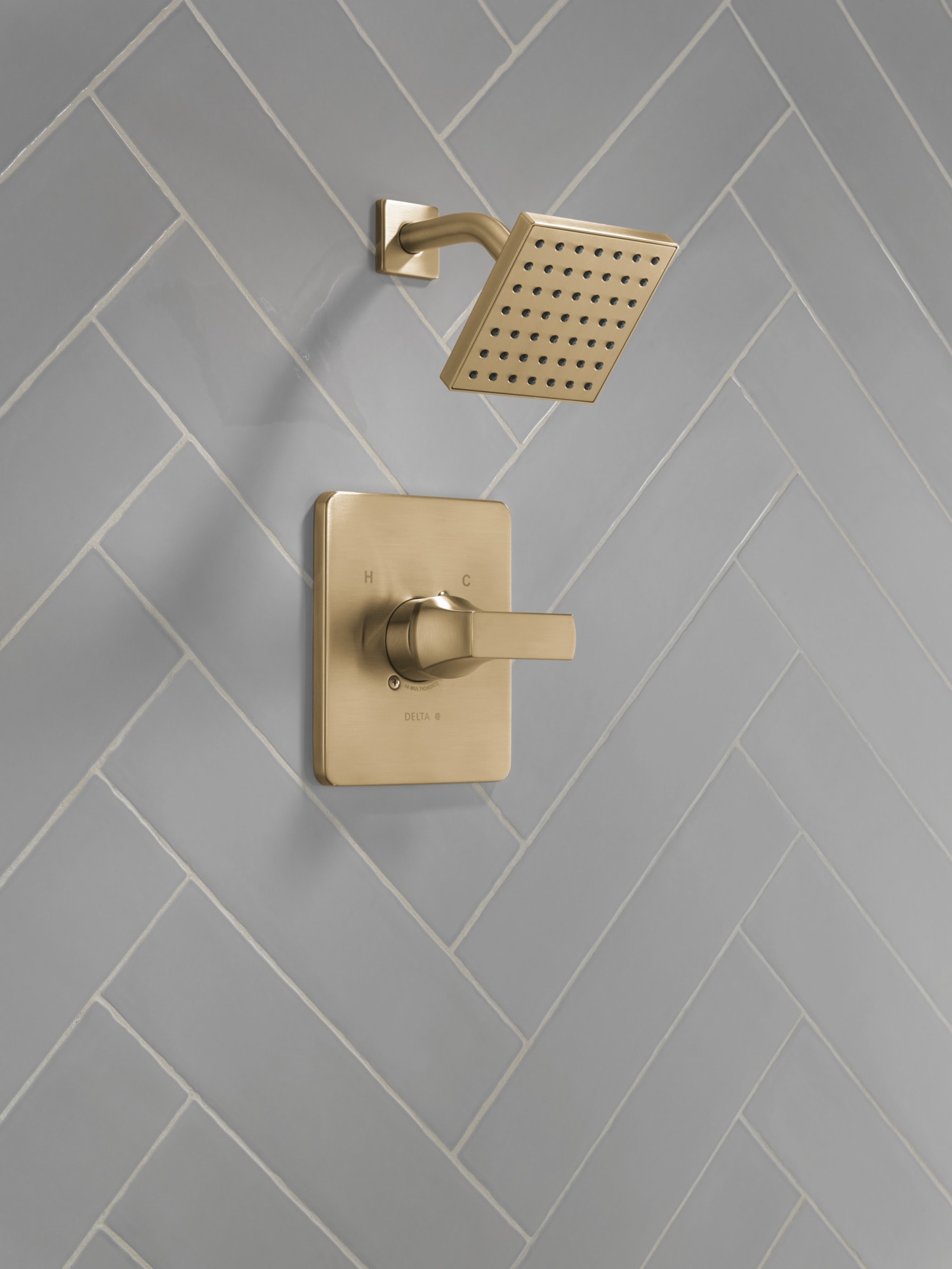 Grifo de bañera y regadera cuadrado de 6.5 pulgadas, color bronce champán de un solo mango y función, modelo Delta Velum T14237-CZ.