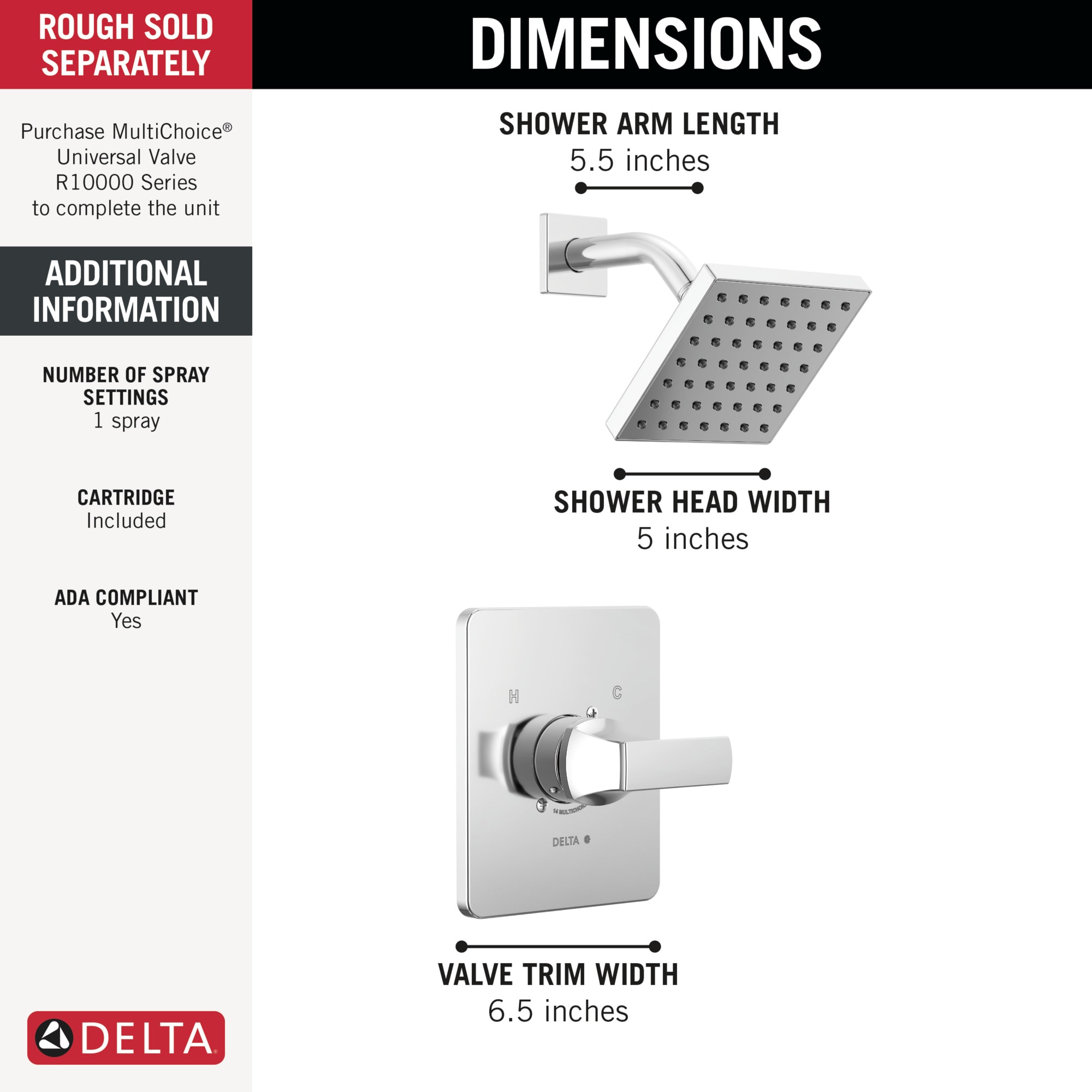 Grifo para bañera y ducha de una sola función con una manija en cromo Delta Velum de 6.5 pulgadas.