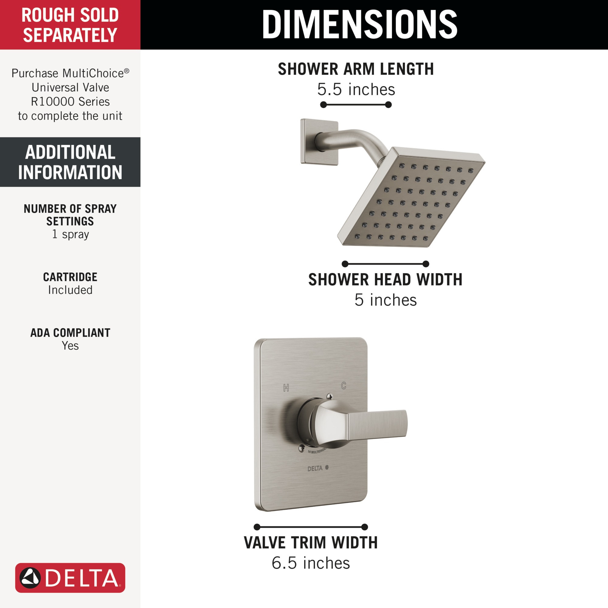 Grifo para bañera y ducha de acero inoxidable Delta Velum con un solo mango y función única de 6.5 pulgadas