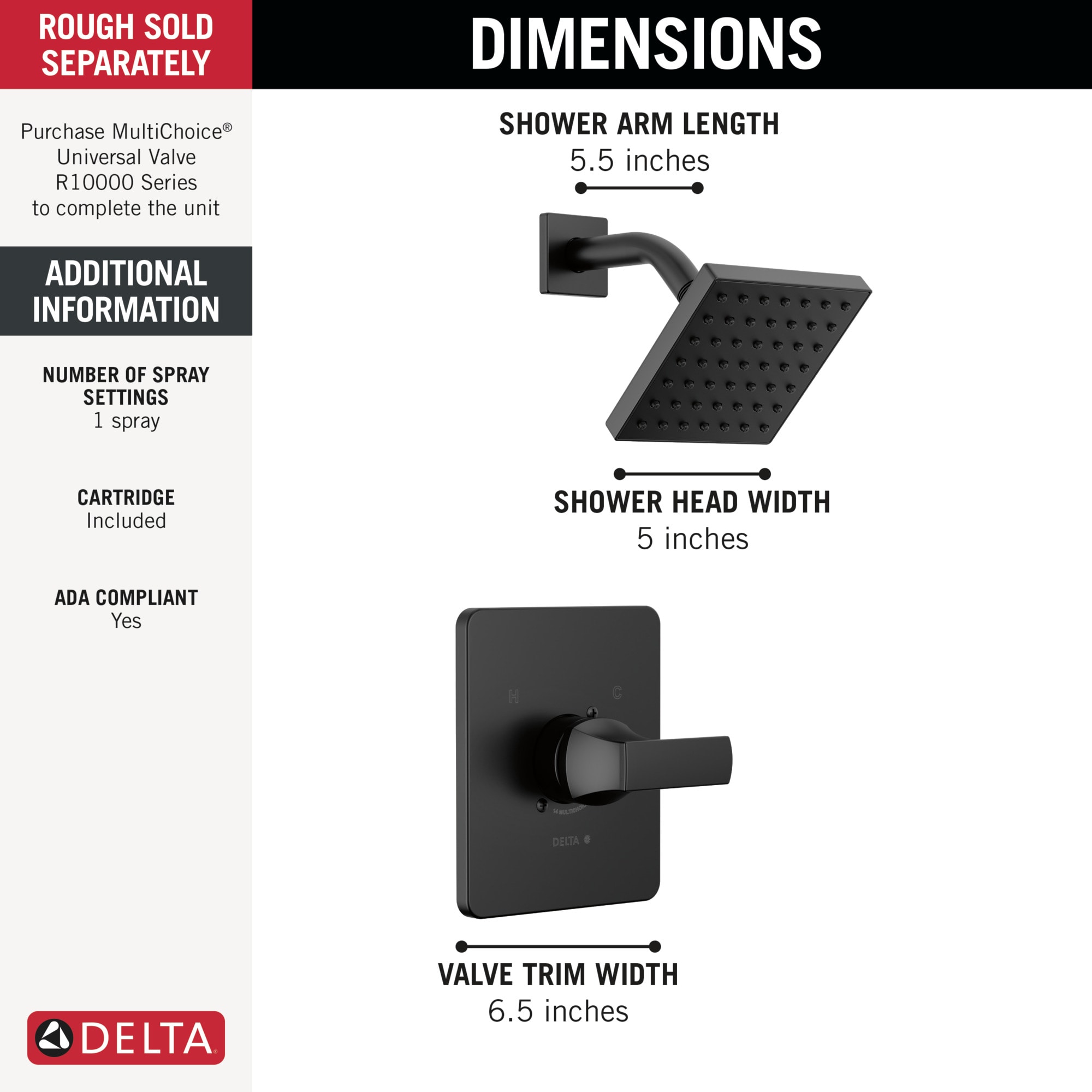 Grifo de Bañera y Ducha de 1 Manija en Negro Mate Delta Velum de Función Única de 6.5 Pulgadas Cuadradas T14237-BL