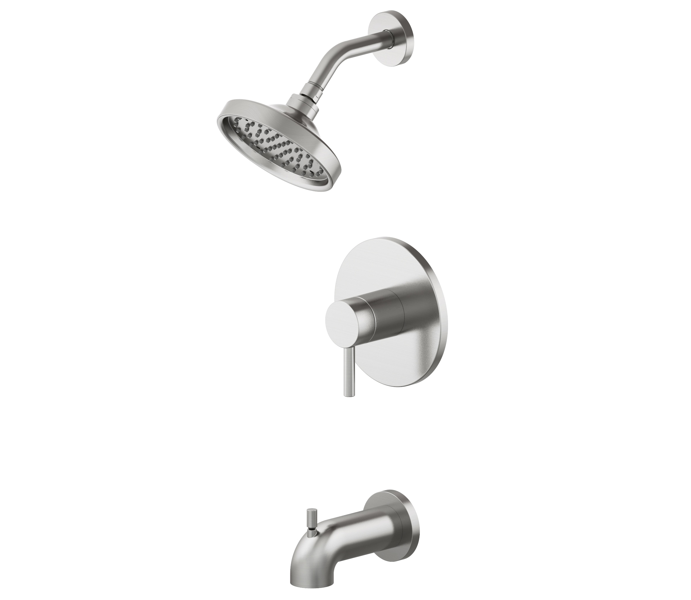 Grifo de bañera y ducha redondo de 6 pulgadas con acabado de níquel cepillado PVD de una manija, marca Allen + Roth, modelo Harlow con válvula 873X-5B04.
