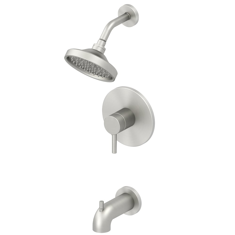 Grifo de bañera y ducha redondo de 6 pulgadas con acabado de níquel cepillado PVD de una manija, marca Allen + Roth, modelo Harlow con válvula 873X-5B04.