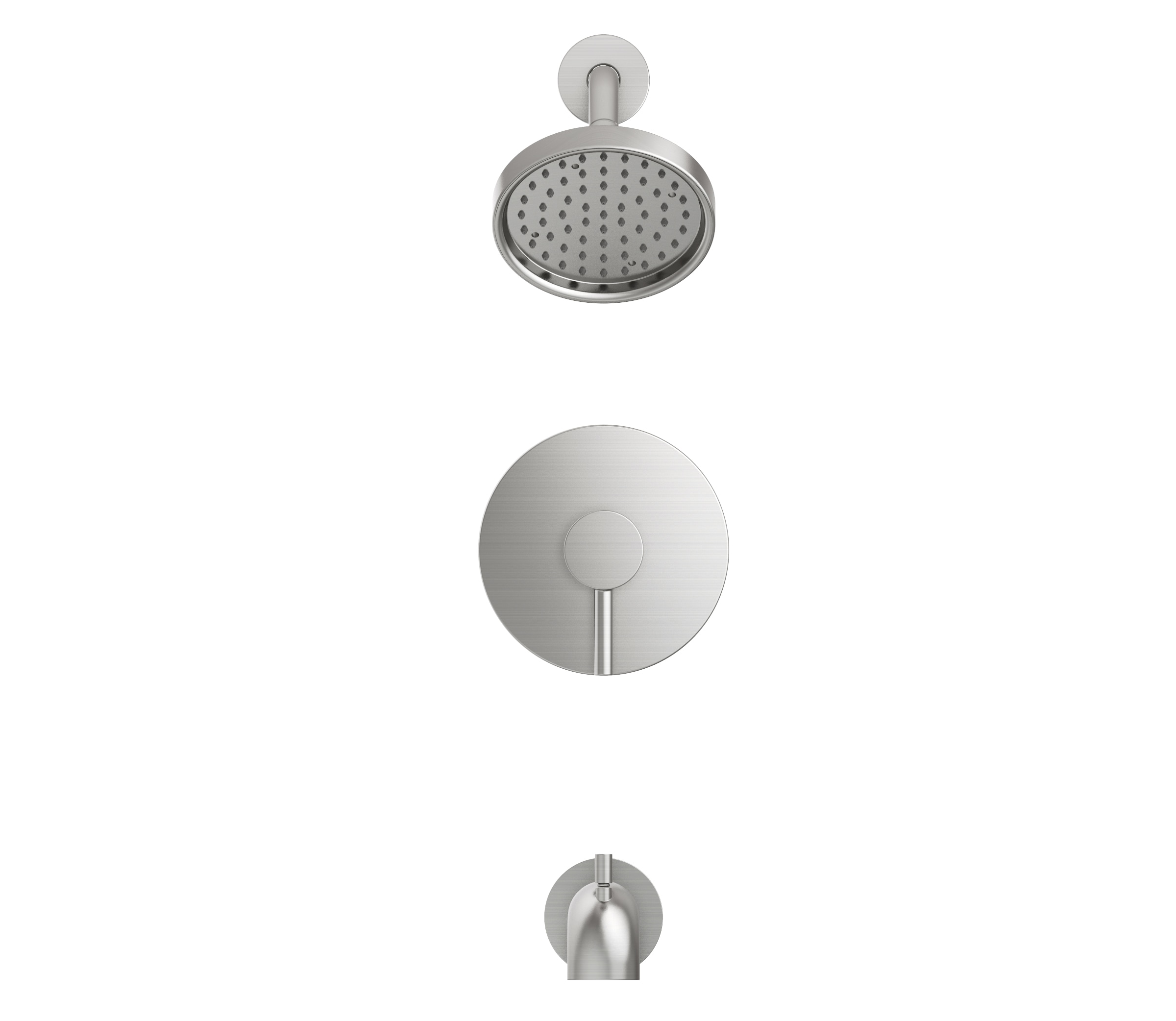 Grifo de bañera y ducha redondo de 6 pulgadas con acabado de níquel cepillado PVD de una manija, marca Allen + Roth, modelo Harlow con válvula 873X-5B04.