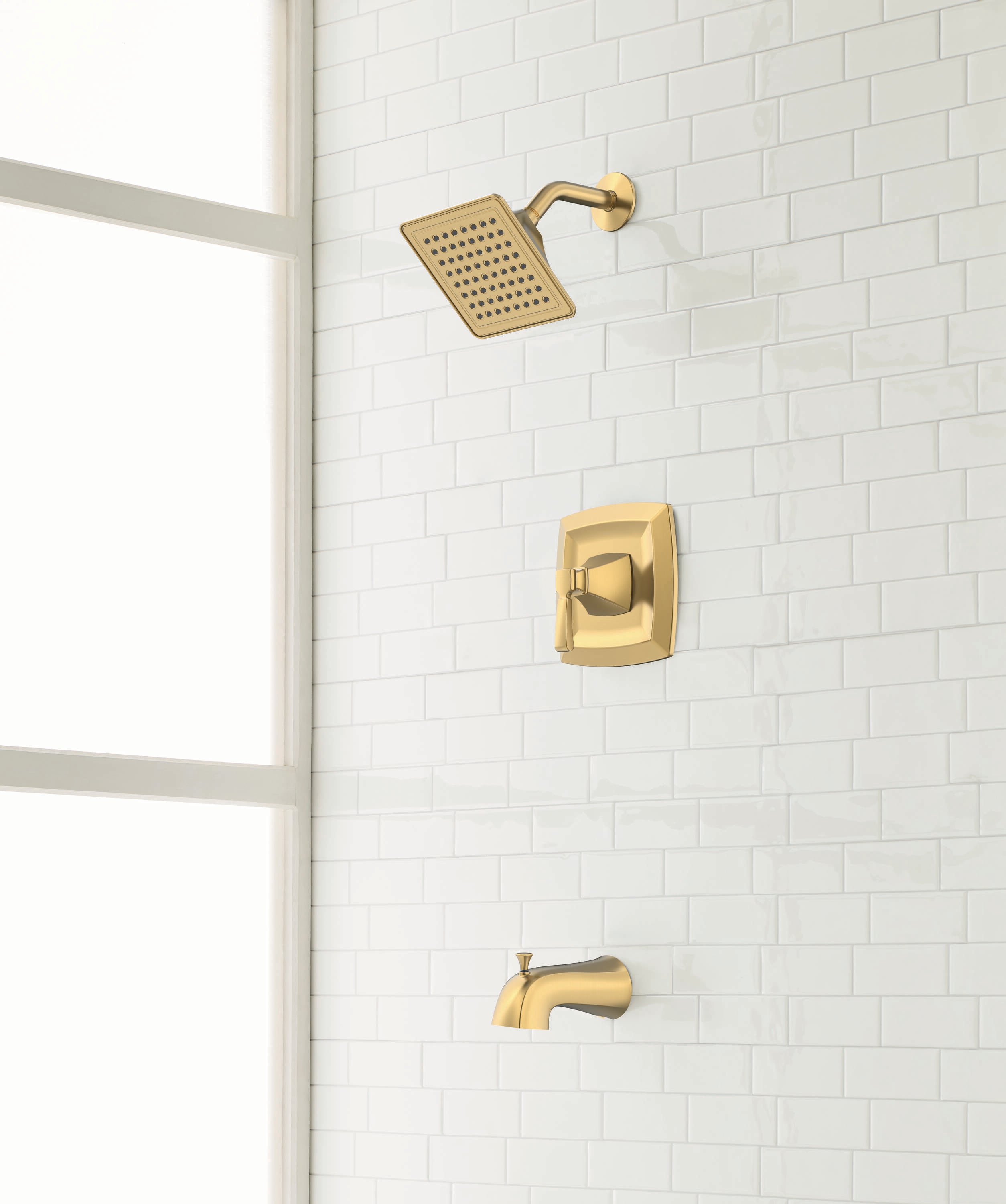 Grifo de bañera y ducha cuadrado de 3.54 pulgadas con acabado dorado cepillado de una sola manija y función única Allen + Roth Chesler con válvula 873X-724408