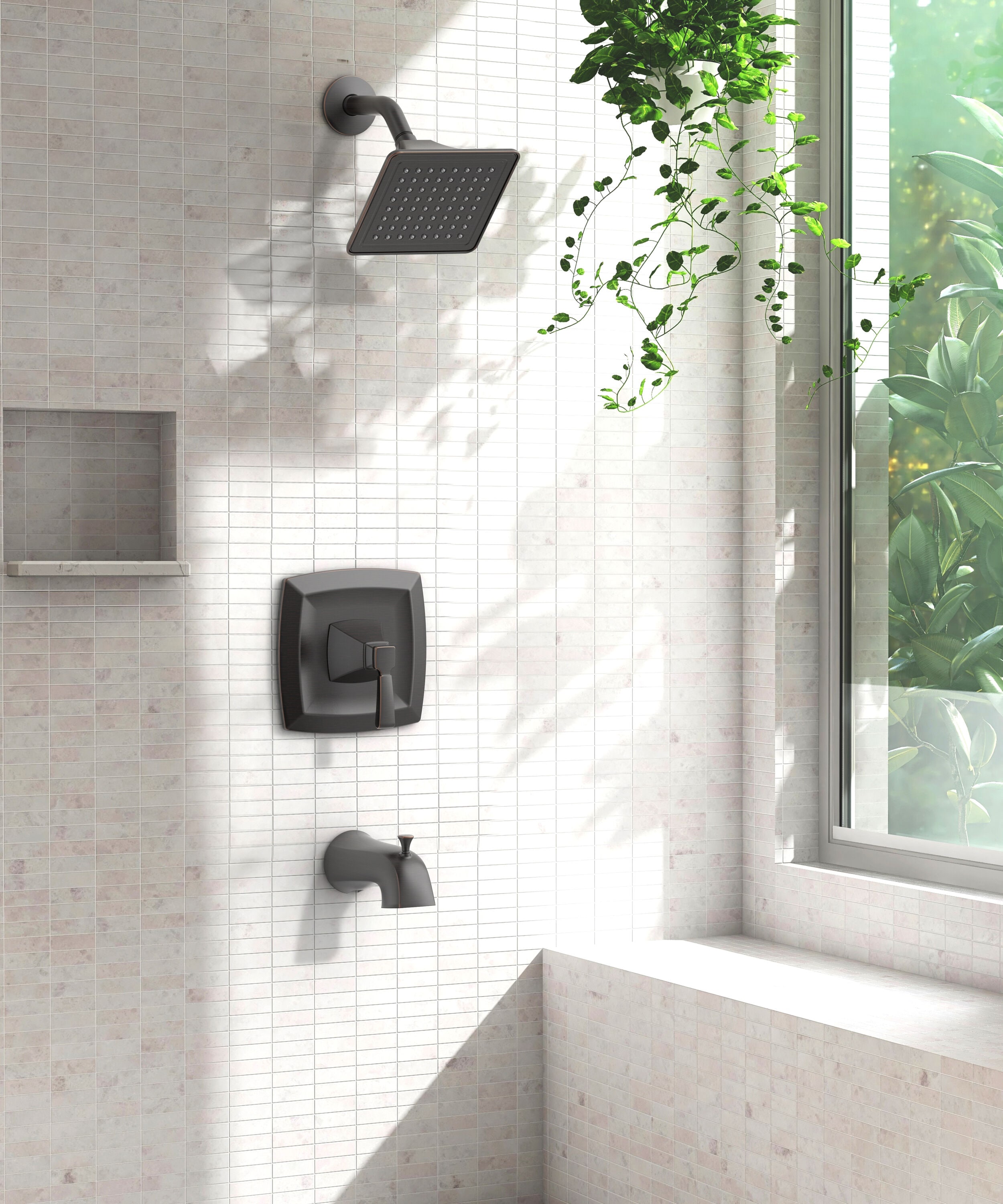 Llave mezcladora para bañera y ducha de función única con acabado en bronce aceitado para bañera cuadrada de 3.54 pulgadas, modelo 873X-722707 de Allen + Roth.