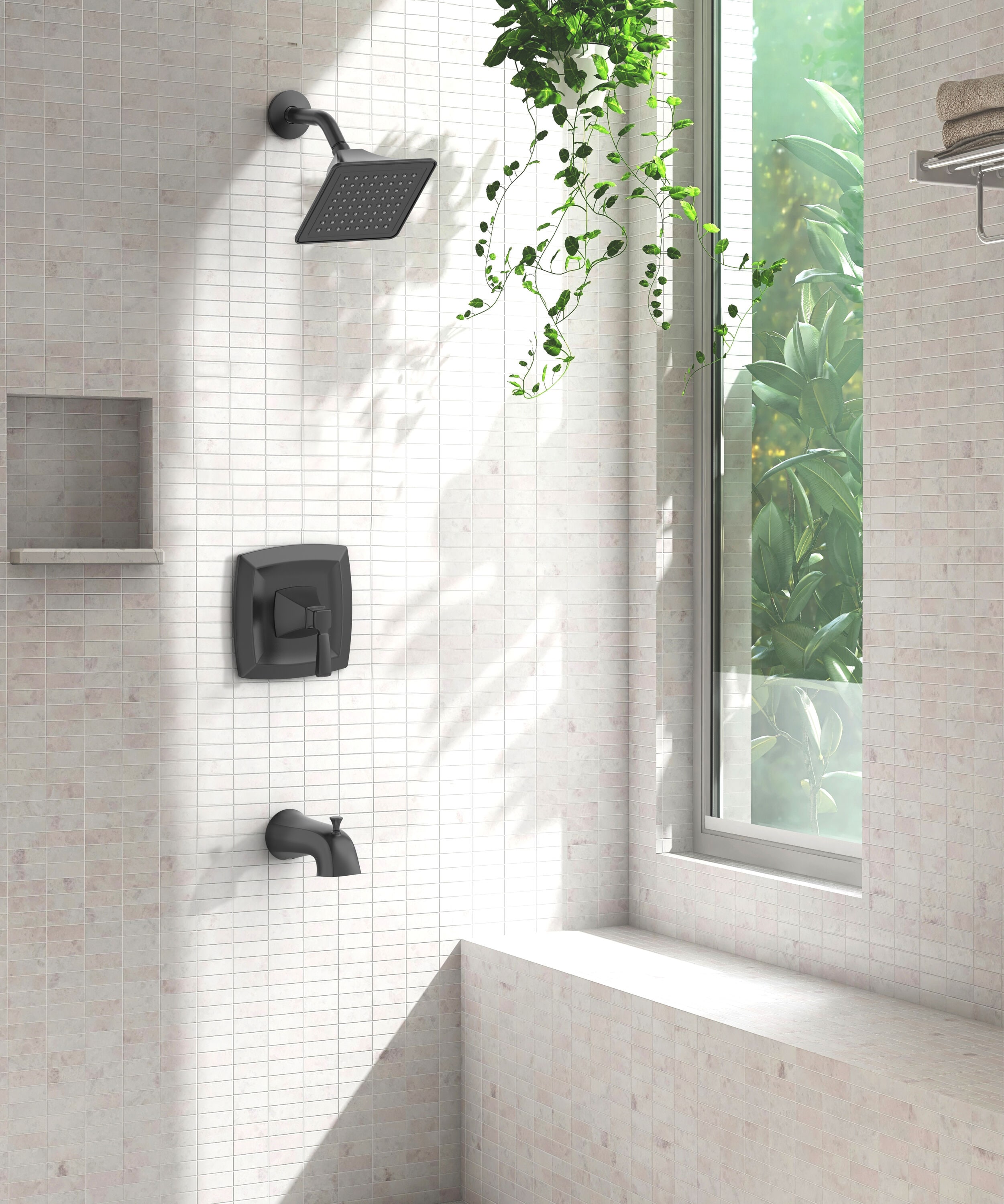 Grifo para bañera y regadera de 1 manija en negro mate de allen + roth Chesler con función única cuadrada de 3.54 pulgadas y válvula 873X-727001