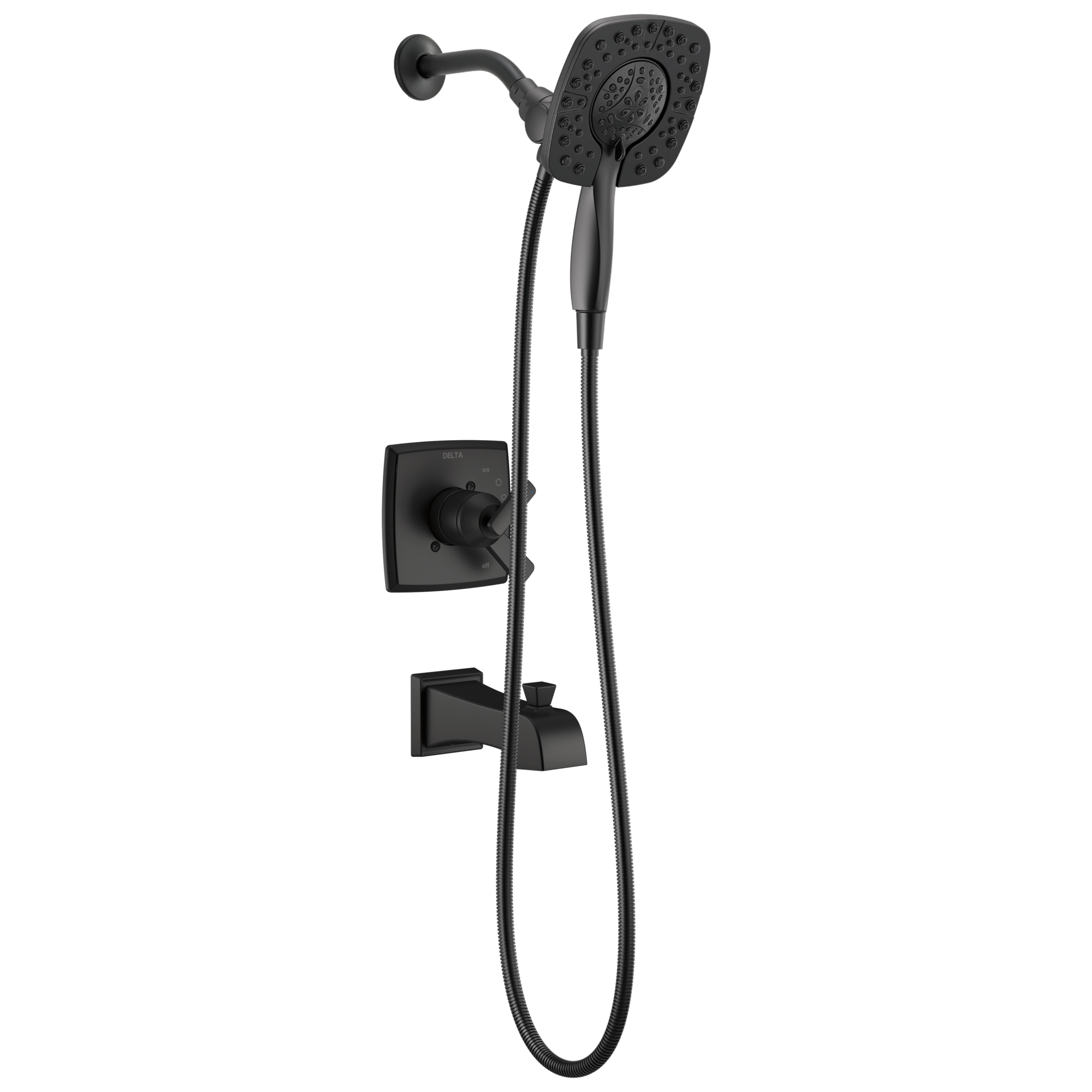 Regadera y grifo para bañera redondo de 5.5 pulgadas con dos manijas en negro mate Delta Ashlyn T17464-BL-I