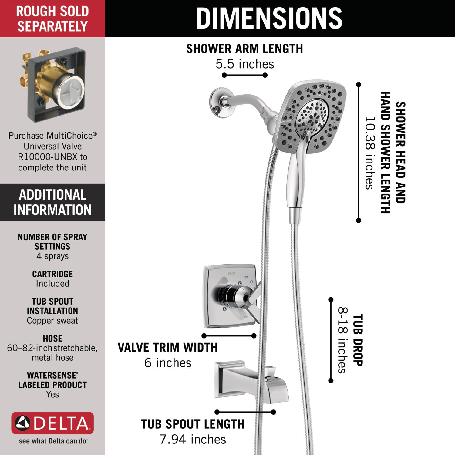 Grifo para Bañera y Ducha Redondo de 6.57 Pulgadas con Dos Manijas en Cromo Delta Ashlyn T17464-I de Funciones Múltiples