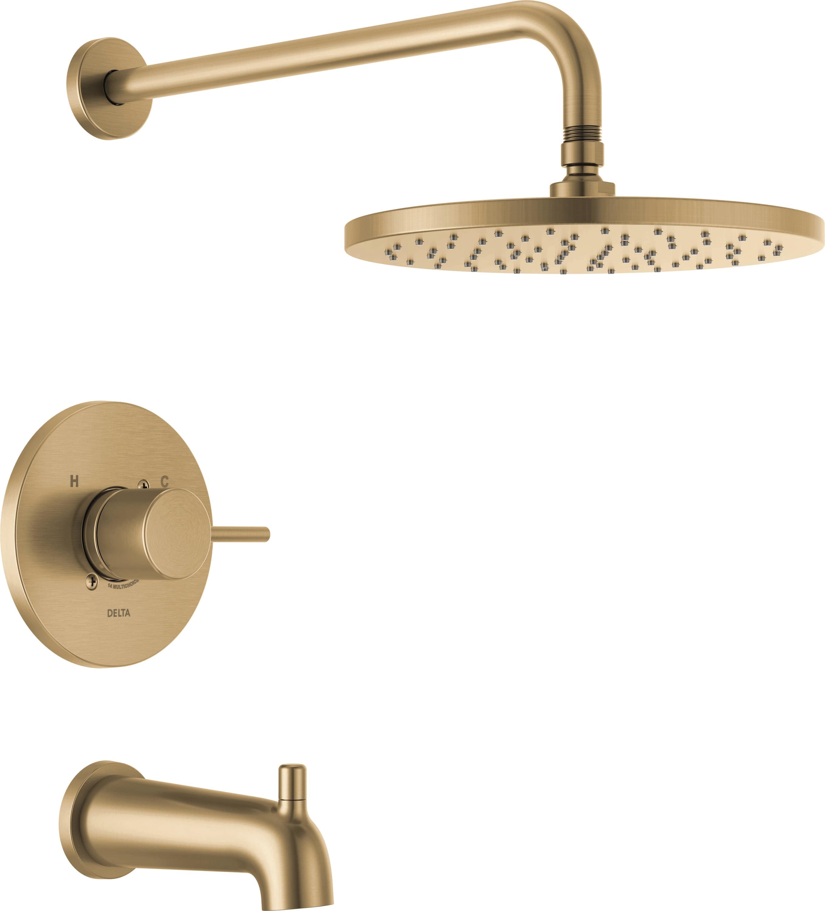 Grifo para bañera y ducha redonda de 10 pulgadas, de un solo manejo y función, en acabado bronce champán moderno Delta T14469-CZ-PP.