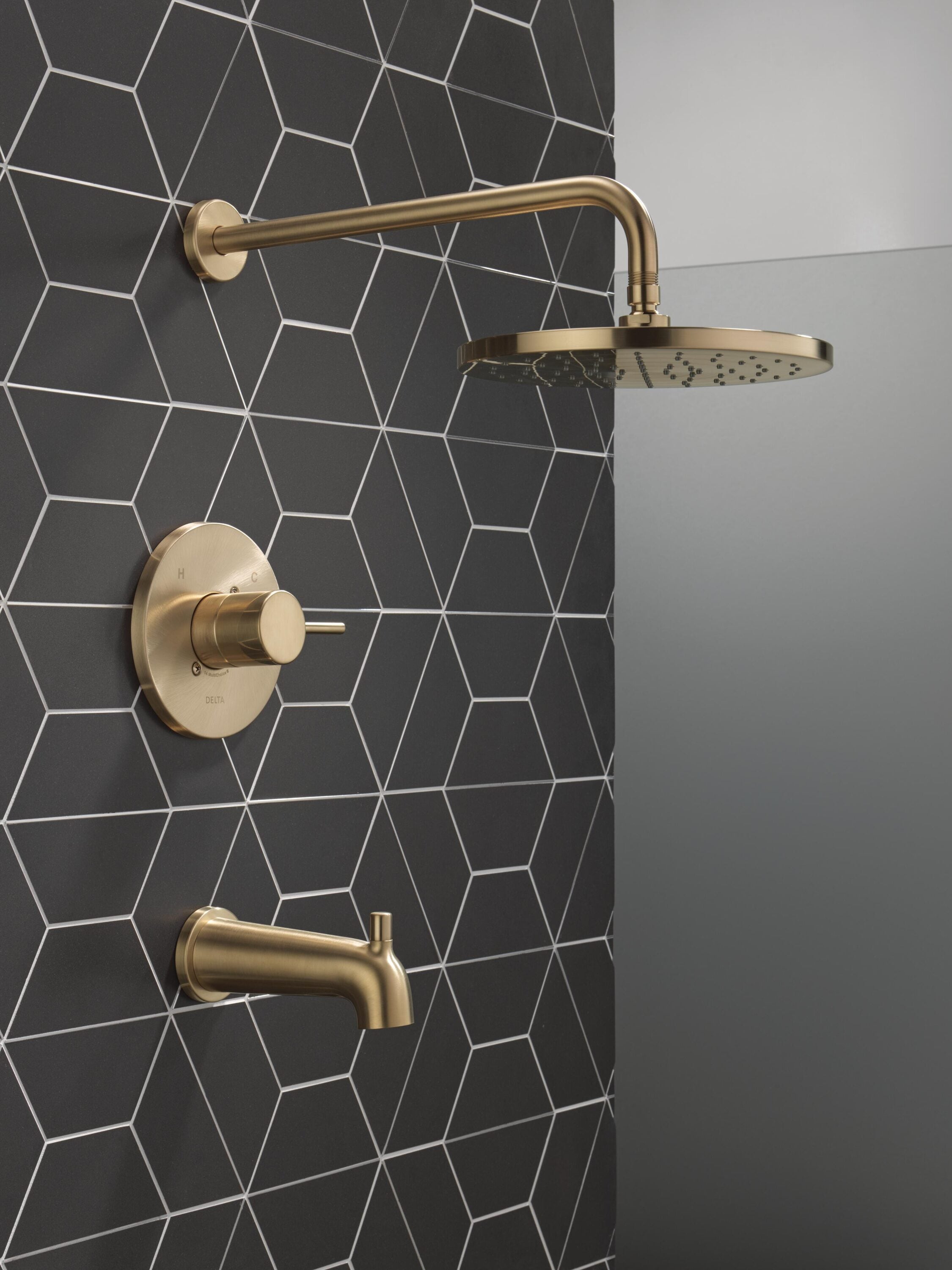 Grifo para bañera y ducha redonda de 10 pulgadas, de un solo manejo y función, en acabado bronce champán moderno Delta T14469-CZ-PP.