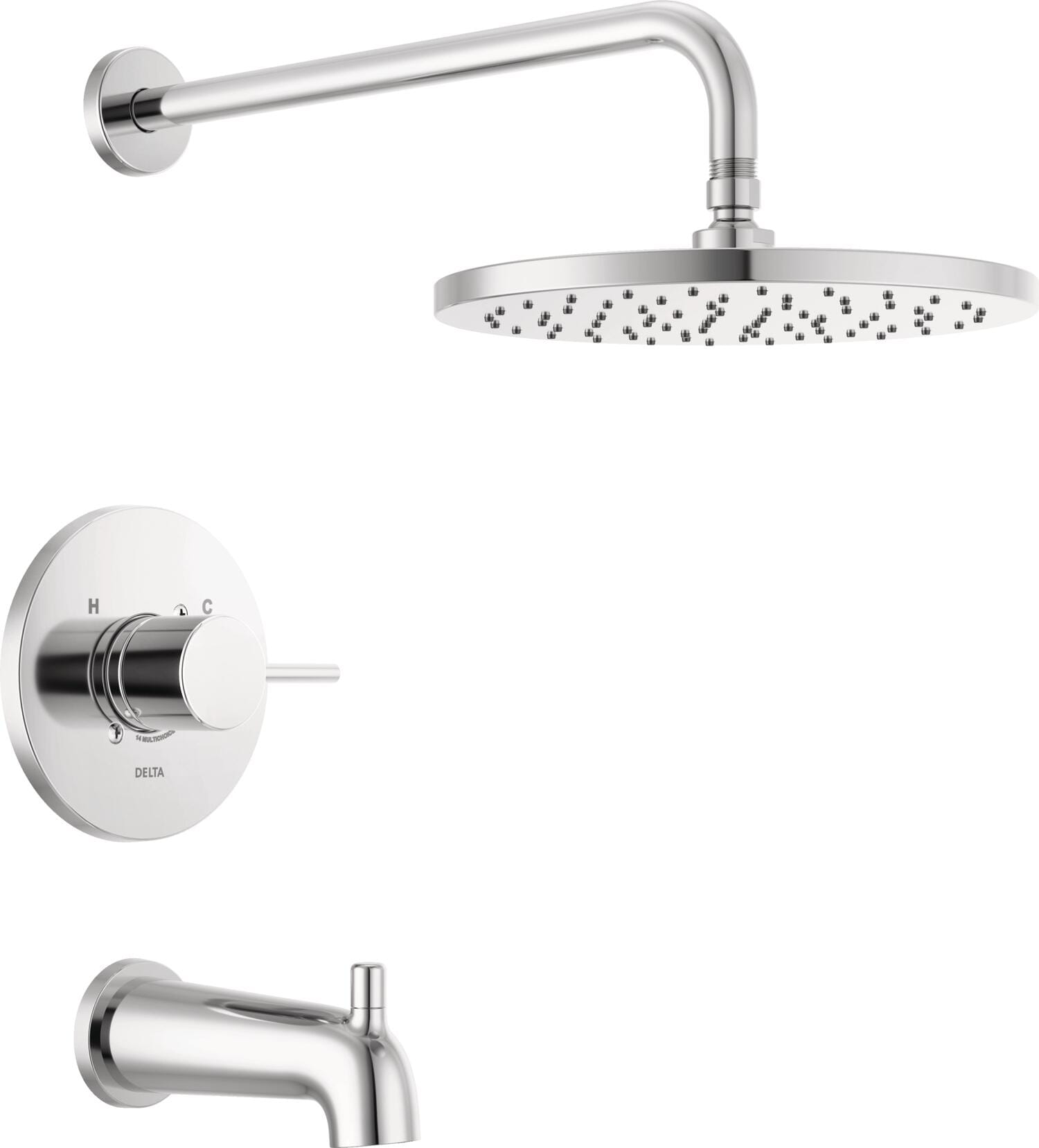 Grifo para bañera y ducha redonda de 10 pulgadas, de una sola función y con un mango, en cromo moderno Delta T14469-PP