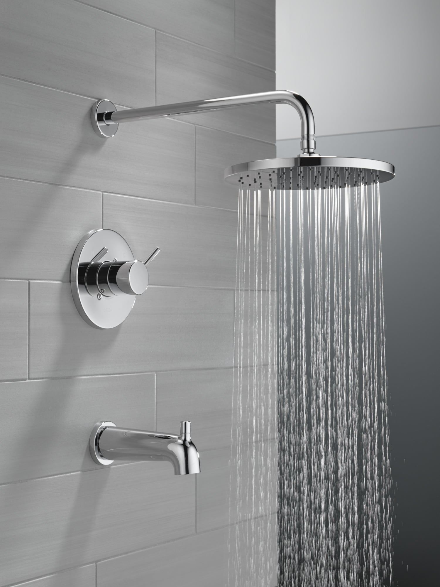 Grifo para bañera y ducha redonda de 10 pulgadas, de una sola función y con un mango, en cromo moderno Delta T14469-PP