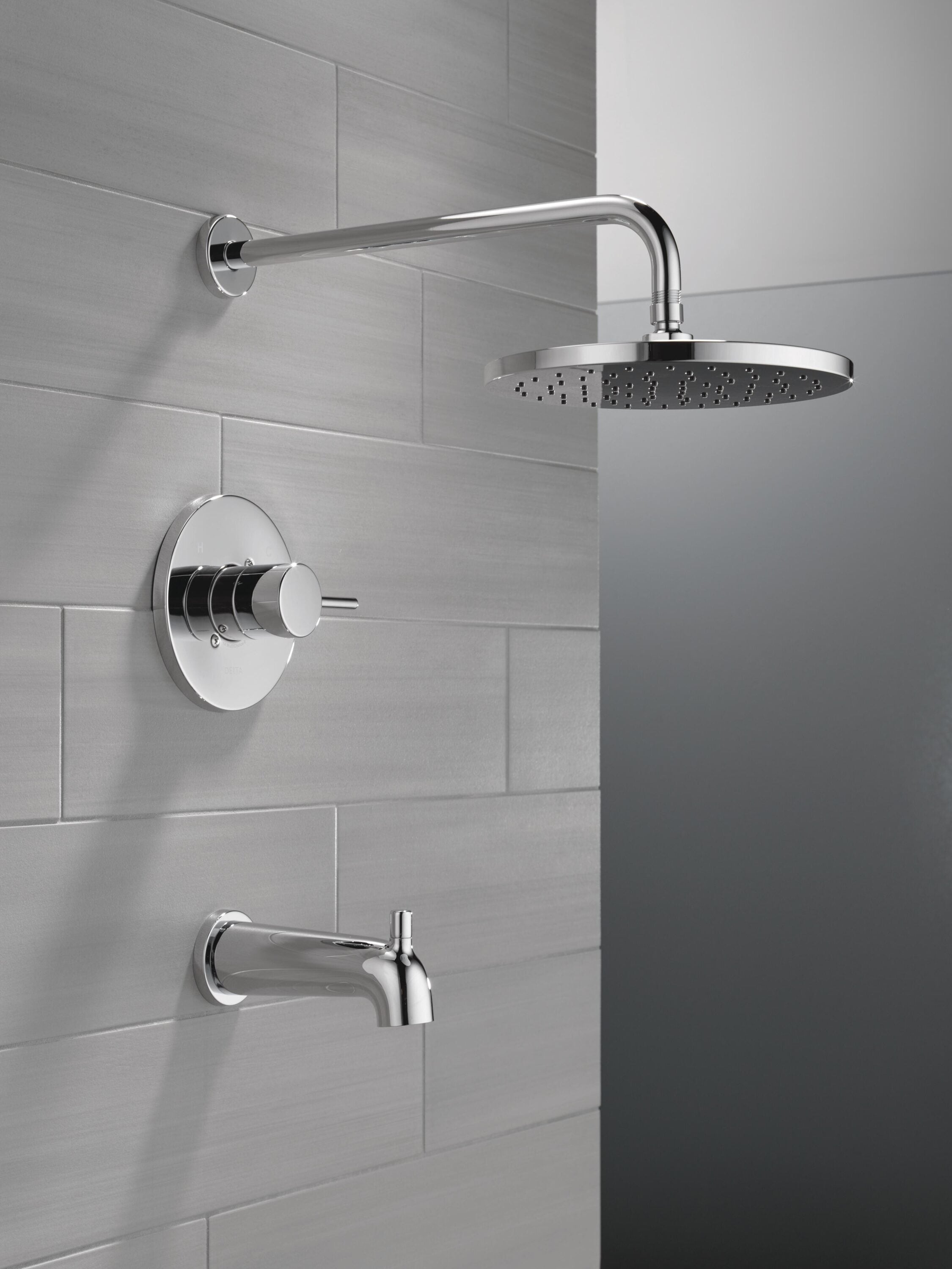 Grifo para bañera y ducha redonda de 10 pulgadas, de una sola función y con un mango, en cromo moderno Delta T14469-PP