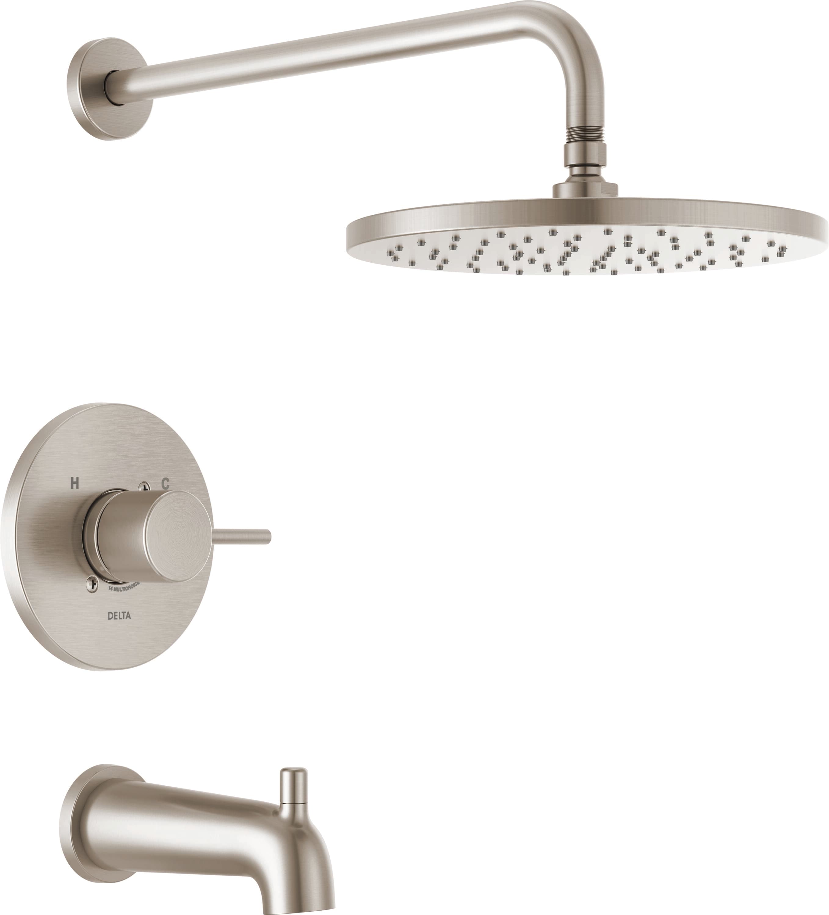 Mezcladora para bañera y regadera redonda de 10 pulgadas con acabado en acero inoxidable y tecnología SpotShield de un solo mango y función única, estilo moderno Delta T14469-SP-PP