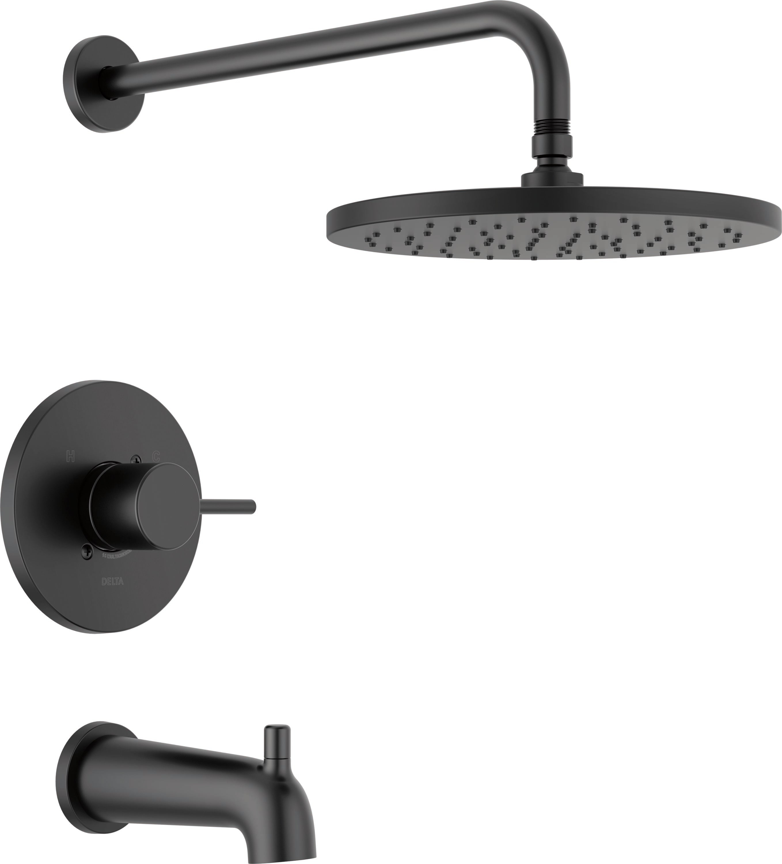 Grifo de bañera y regadera redondo de 10 pulgadas con acabado mate negro de un solo mango y función única Delta Modern