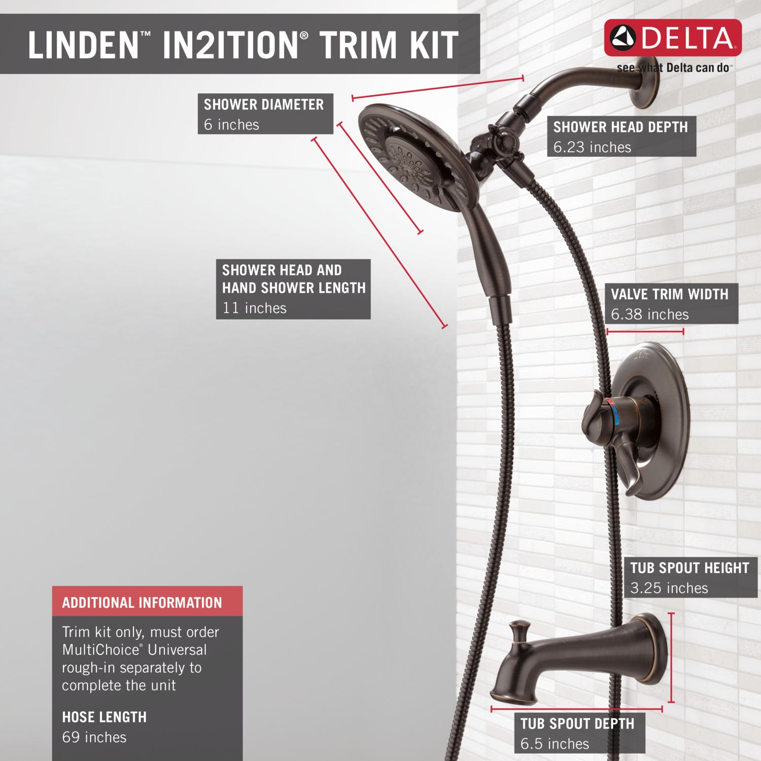 Grifo de Bañera y Ducha Redondo de 2 Manijas en Bronce Veneciano Delta Linden T17494-RB-I