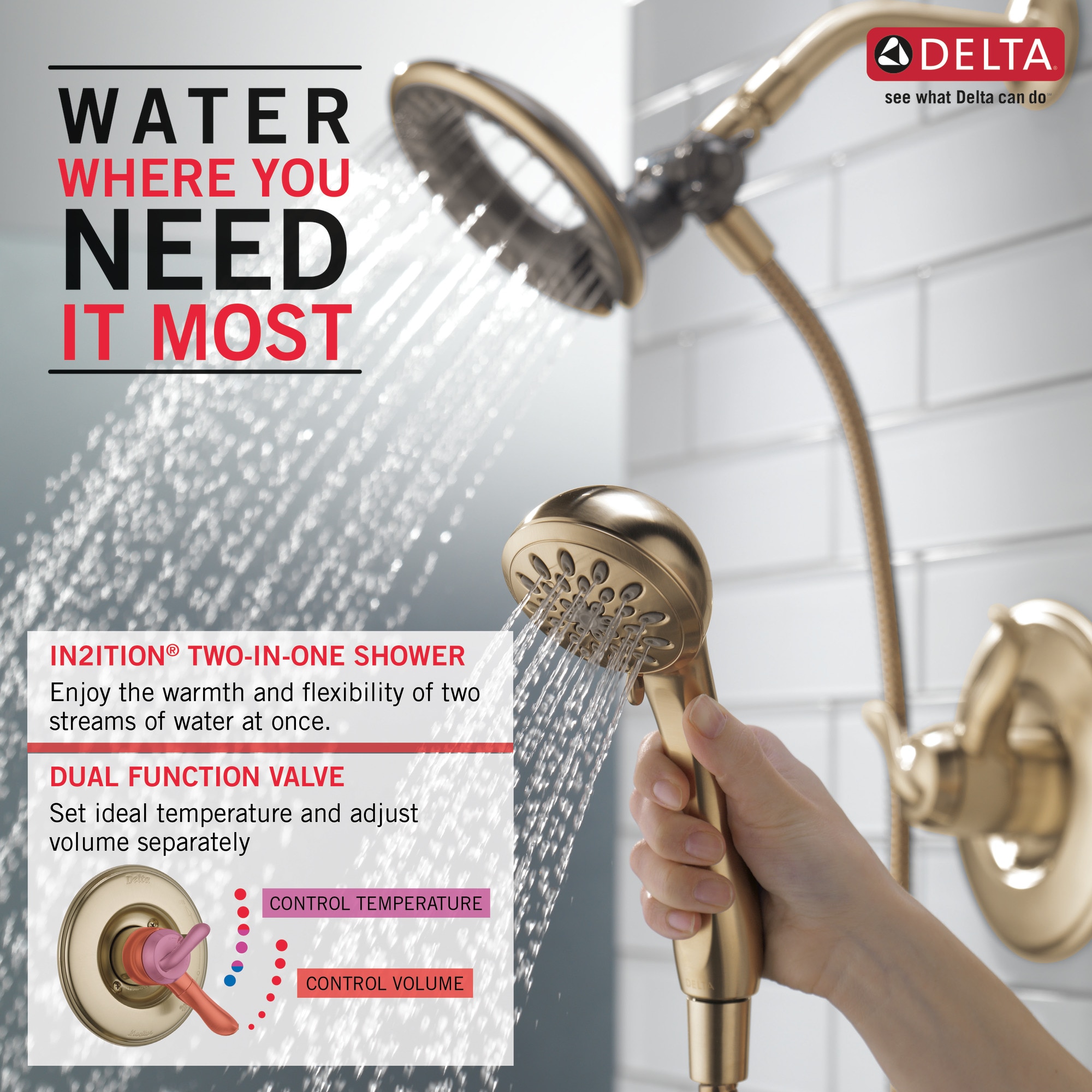 Llave mezcladora de bañera y regadera redonda de 2 manijas en bronce champan Delta Linden 6.1250 pulgadas multi-función T17494-CZ-I.