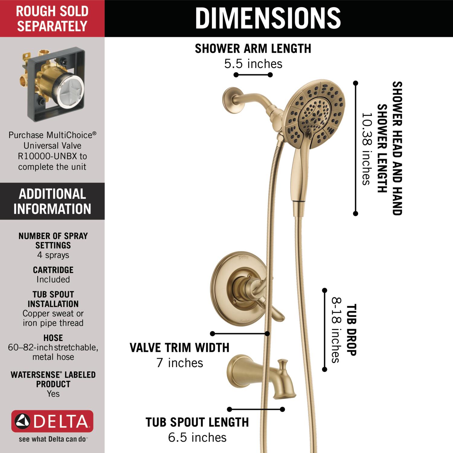 Llave mezcladora de bañera y regadera redonda de 2 manijas en bronce champan Delta Linden 6.1250 pulgadas multi-función T17494-CZ-I.