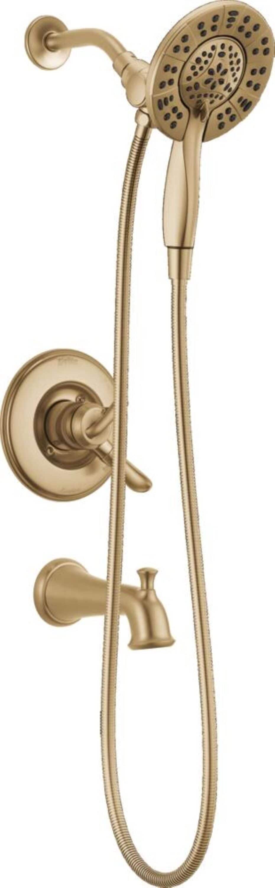 Llave mezcladora de bañera y regadera redonda de 2 manijas en bronce champan Delta Linden 6.1250 pulgadas multi-función T17494-CZ-I.