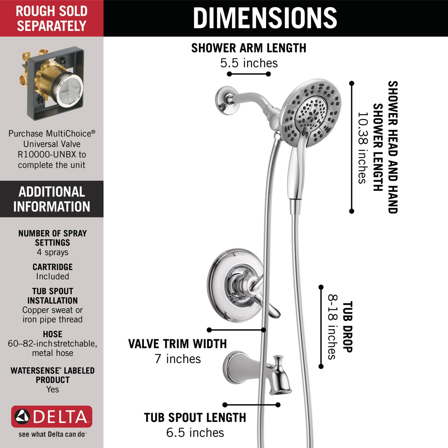 Llave mezcladora para bañera y regadera redonda de 6.1250 pulgadas, multi-función y de doble manija en cromo Delta Linden T17494-I