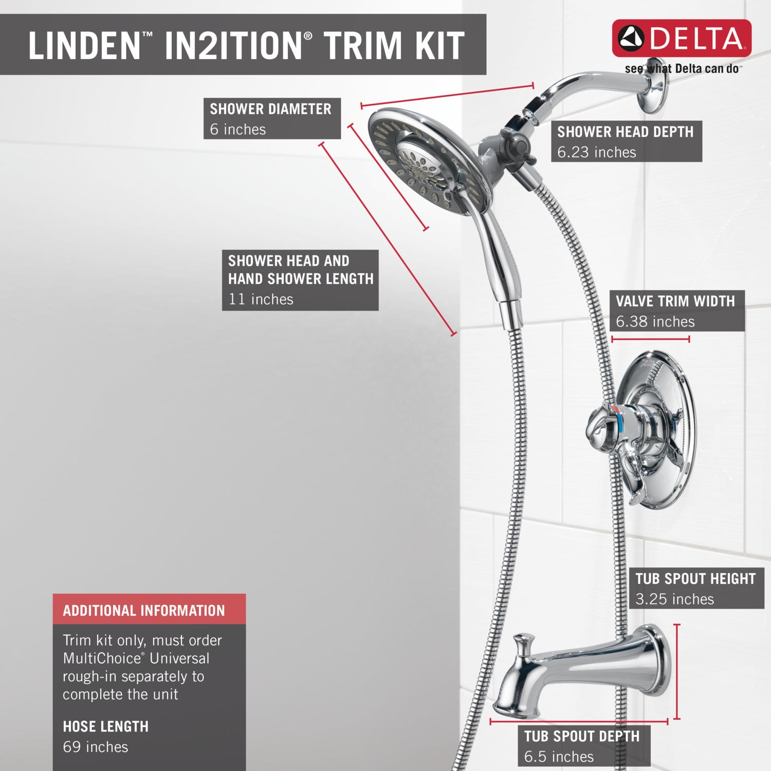 Llave mezcladora para bañera y regadera redonda de 6.1250 pulgadas, multi-función y de doble manija en cromo Delta Linden T17494-I