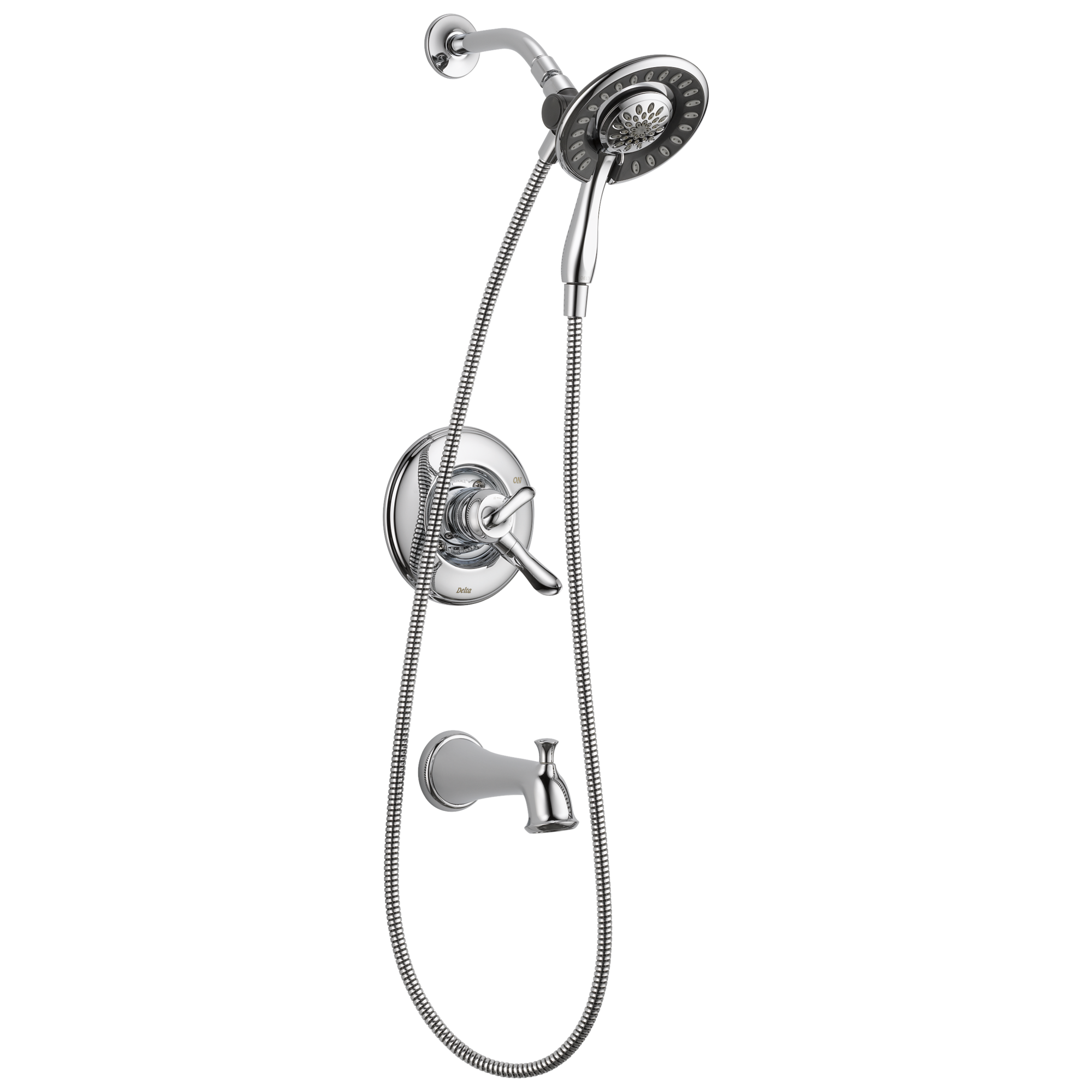 Llave mezcladora para bañera y regadera redonda de 6.1250 pulgadas, multi-función y de doble manija en cromo Delta Linden T17494-I