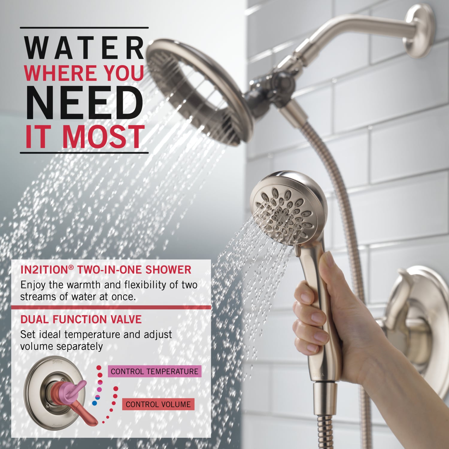 Grifo de bañera y ducha redondo de acero inoxidable Delta Linden con 2 manijas y funciones múltiples de 6.1250 pulgadas - T17494-SS-I