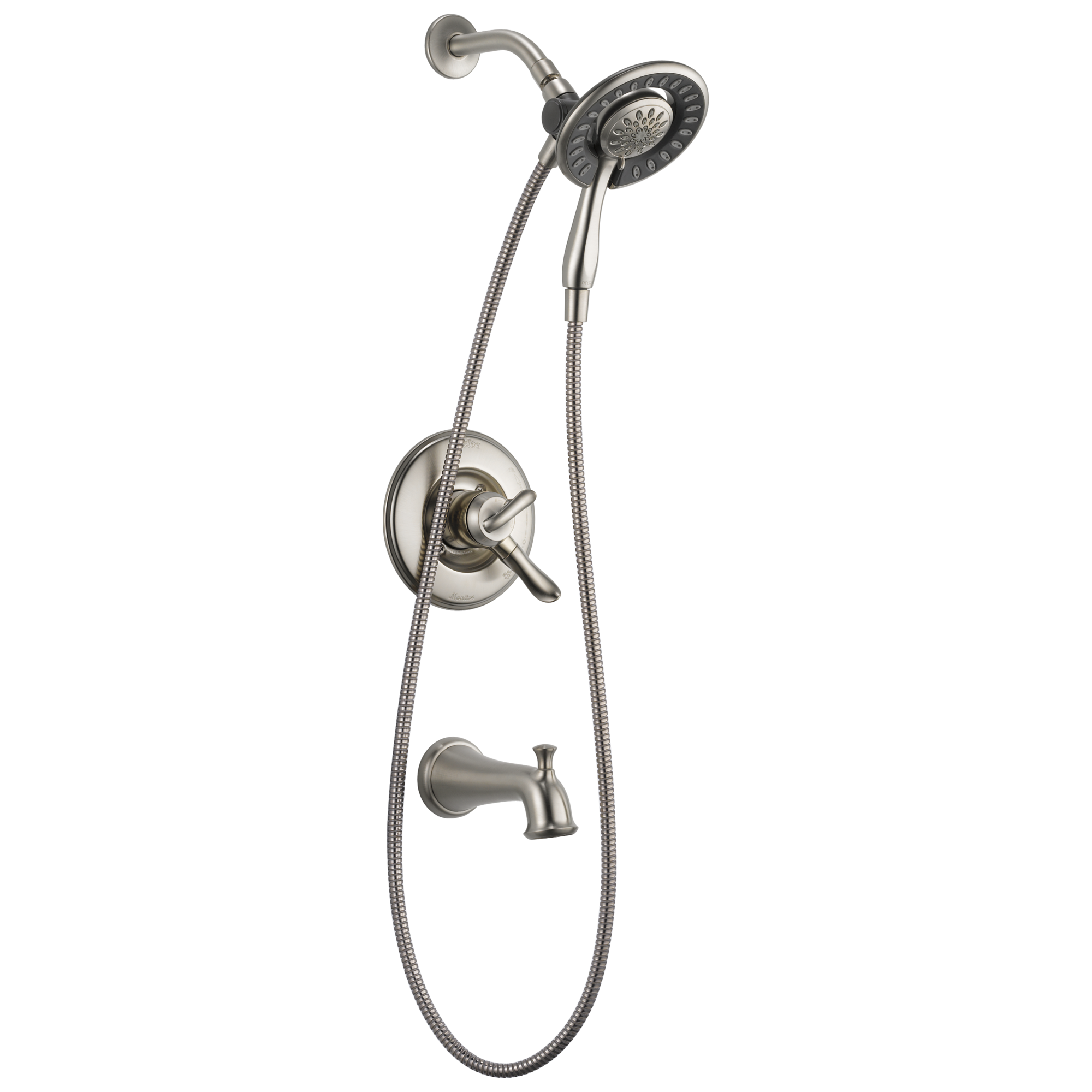 Grifo de bañera y ducha redondo de acero inoxidable Delta Linden con 2 manijas y funciones múltiples de 6.1250 pulgadas - T17494-SS-I