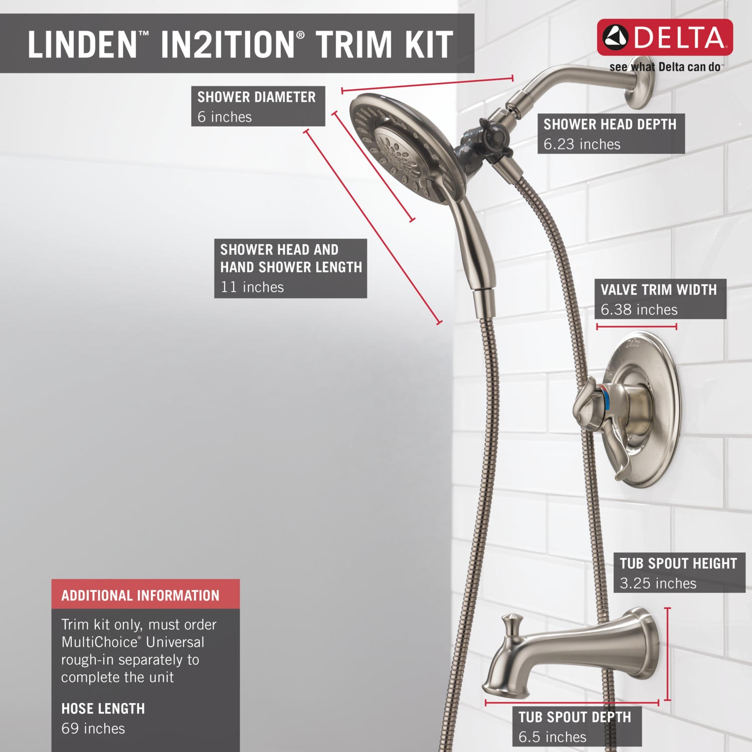 Grifo de bañera y ducha redondo de acero inoxidable Delta Linden con 2 manijas y funciones múltiples de 6.1250 pulgadas - T17494-SS-I