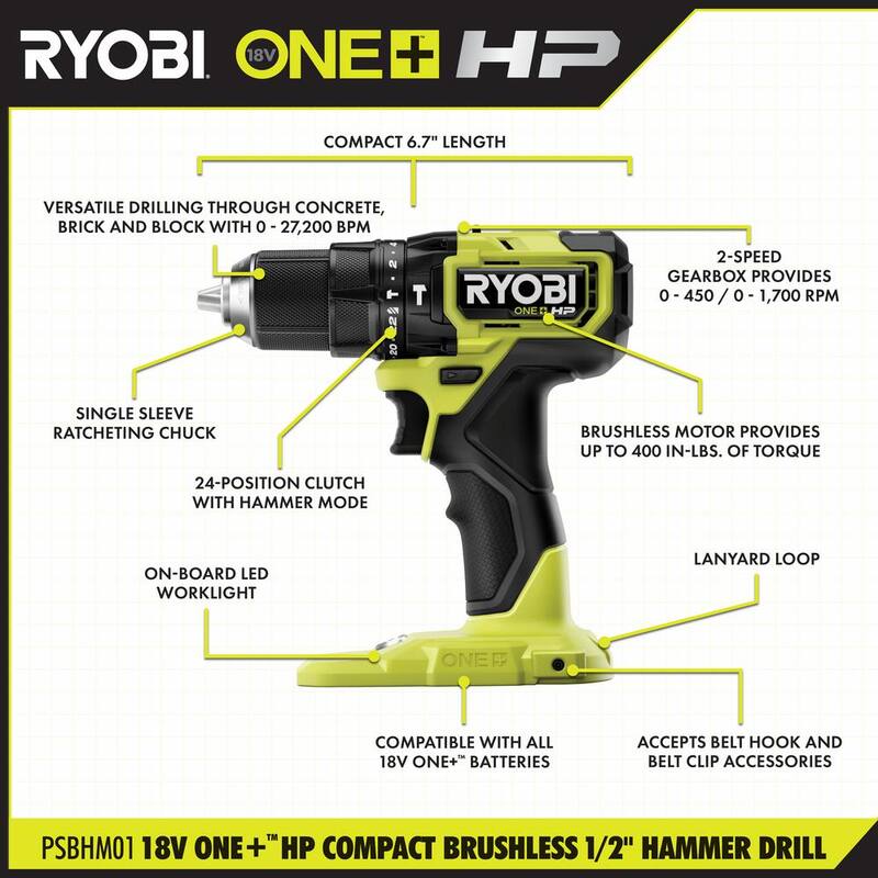 RYOBI ONE+ HP Taladro percutor compacto inalámbrico Brushless de 18V 1/2 pulgada (Herramienta única) - PSBHM01B