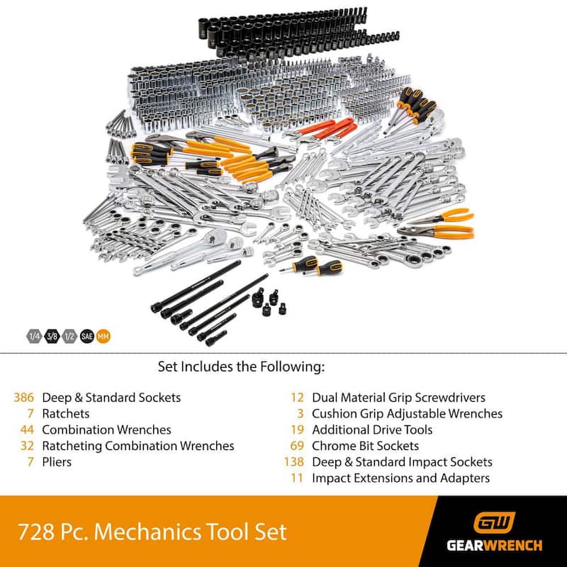 Set de herramientas maestras para mecánicos GEARWRENCH de 1/4 in., 3/8 in. y 1/2 in. con impact sockets (728 piezas) - 8905985870CB