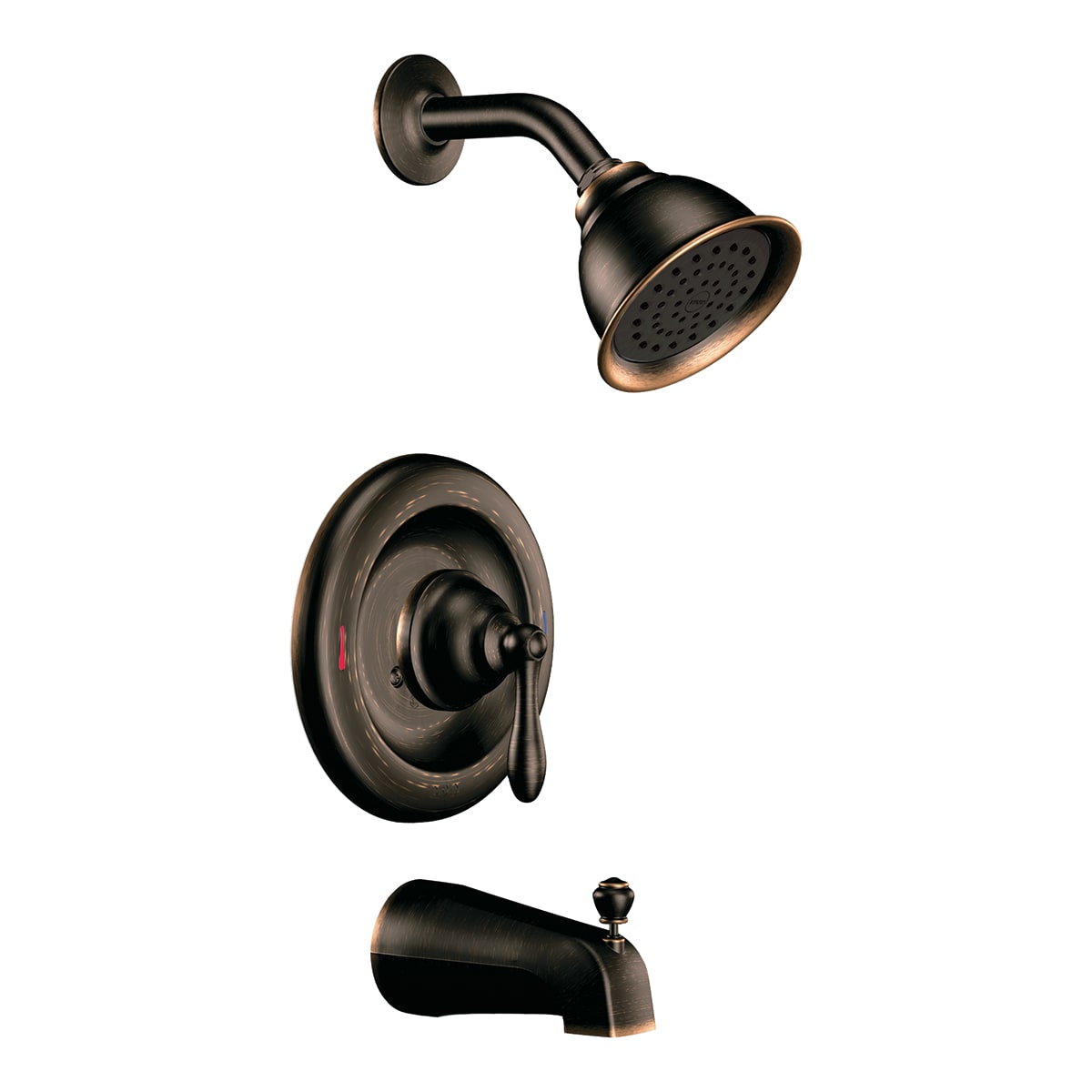 Grifería para bañera y ducha de 1 manija en bronce mediterráneo de Moen Caldwell con función única de 4 pulgadas, modelo 82496EPBRB