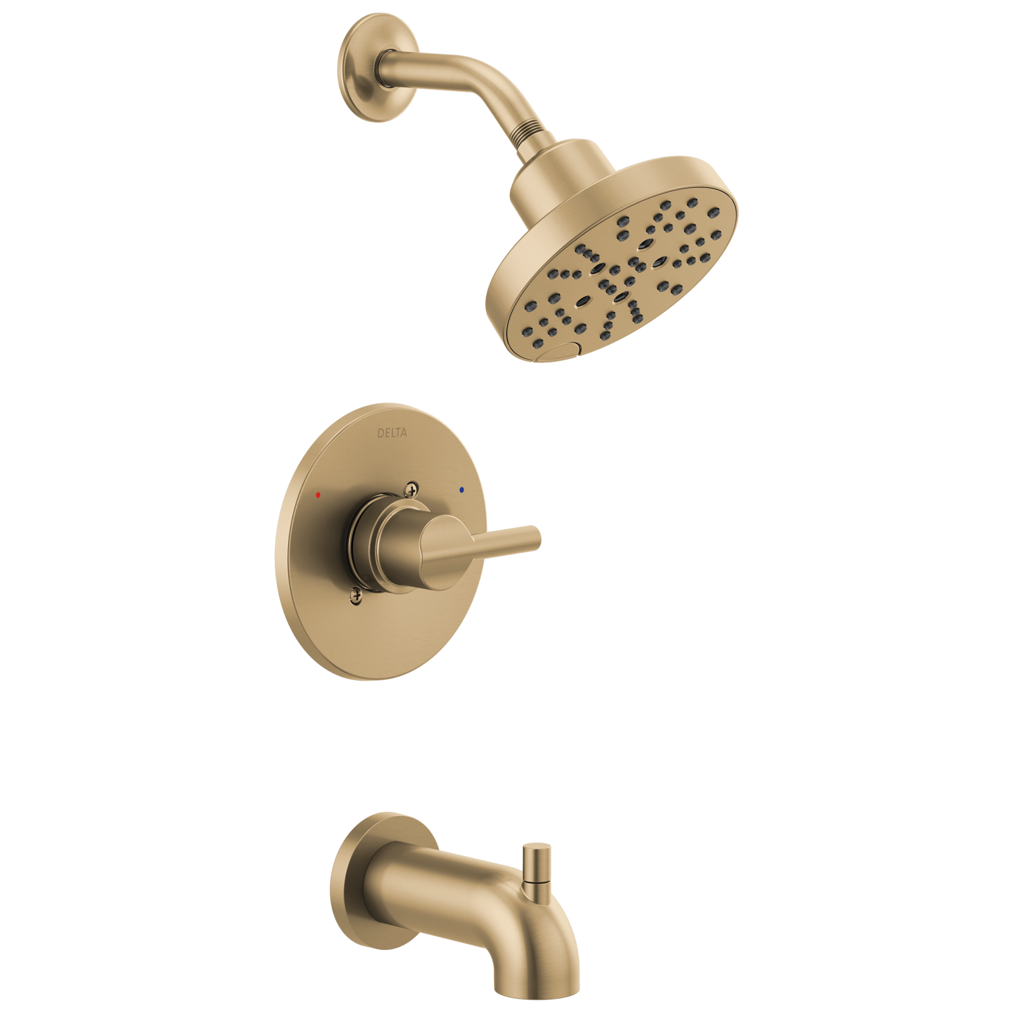 Grifo de bañera y ducha redondo de 6 pulgadas, de una sola manija y función múltiple, color bronce de champagne Delta Nicoli con válvula 144749-CZ.