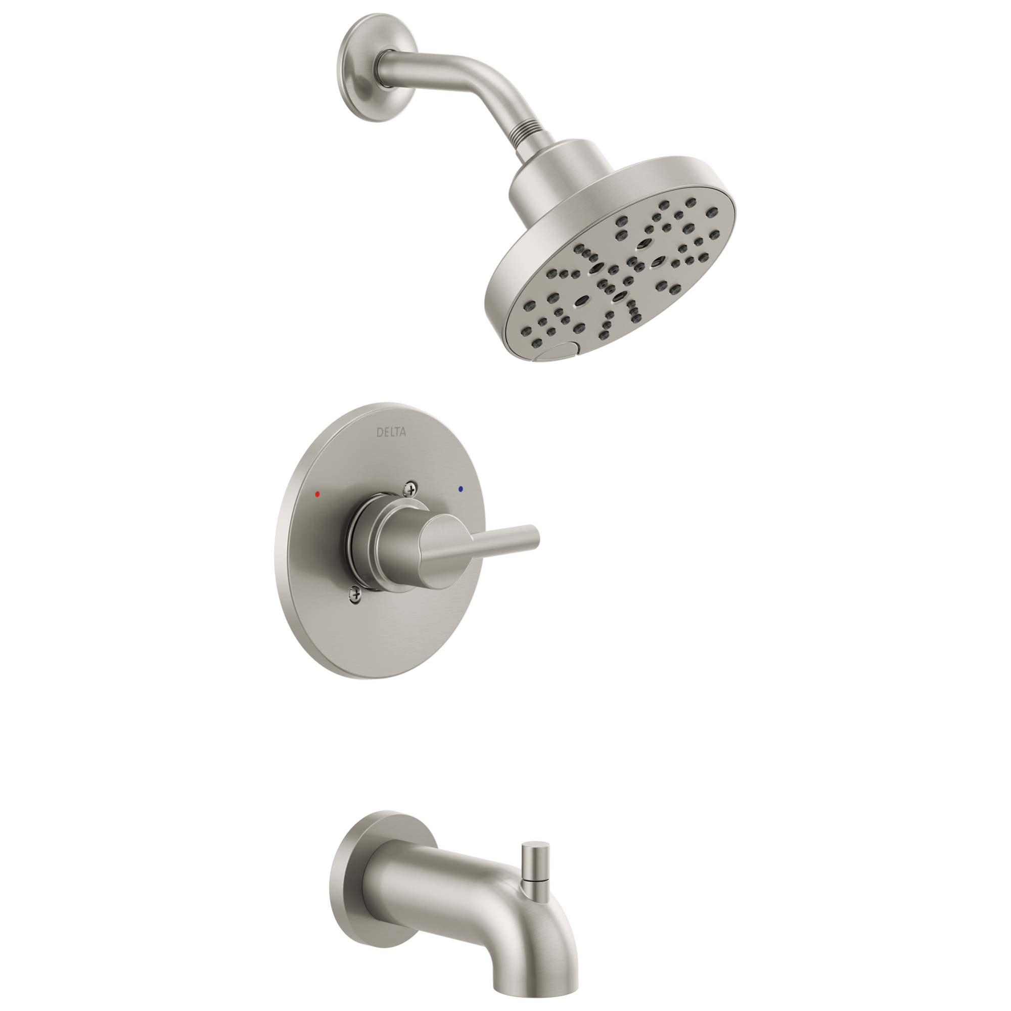 Grifo de bañera y ducha redondo de acero inoxidable con manija única y función múltiple de 6 pulgadas de Delta Nicoli con válvula 144749-SS.