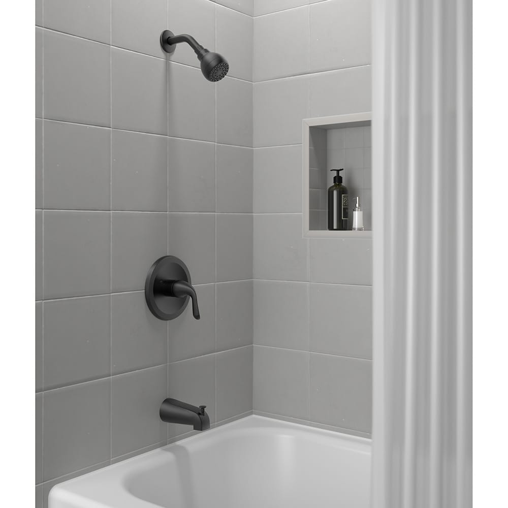 Grifo de bañera y regadera redonda mate negro de 1 manija y función única de Project Source Dover con válvula F11A4503BL