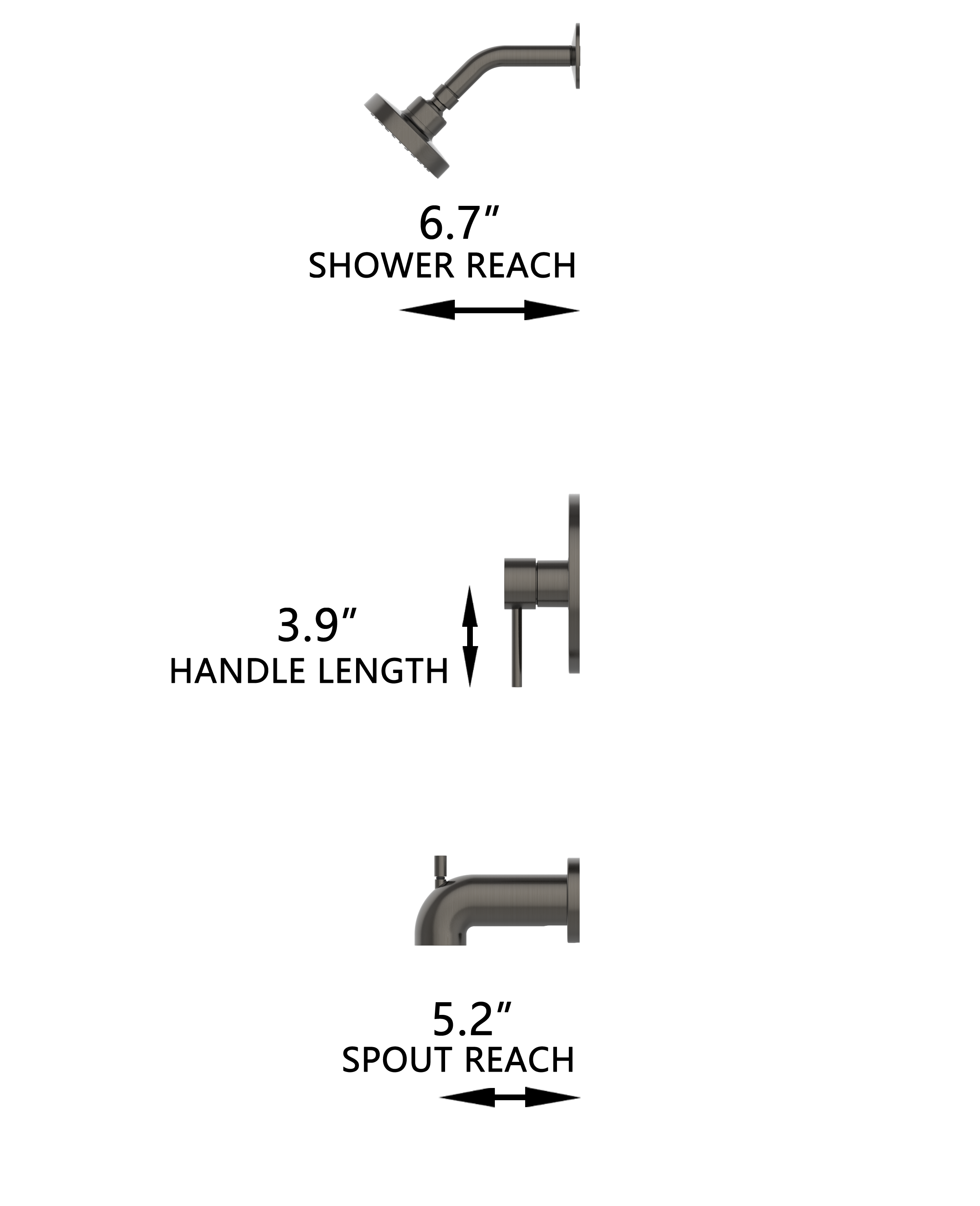 Grifo para bañera y ducha redondo de 3.94 pulgadas color gris gunmetal con una sola manija y función única