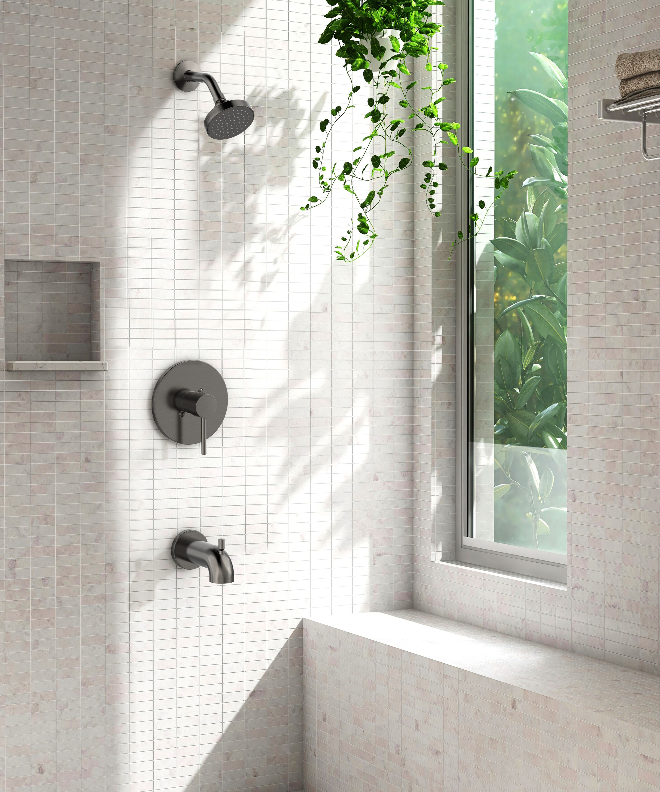 Grifo para bañera y ducha redondo de 3.94 pulgadas color gris gunmetal con una sola manija y función única