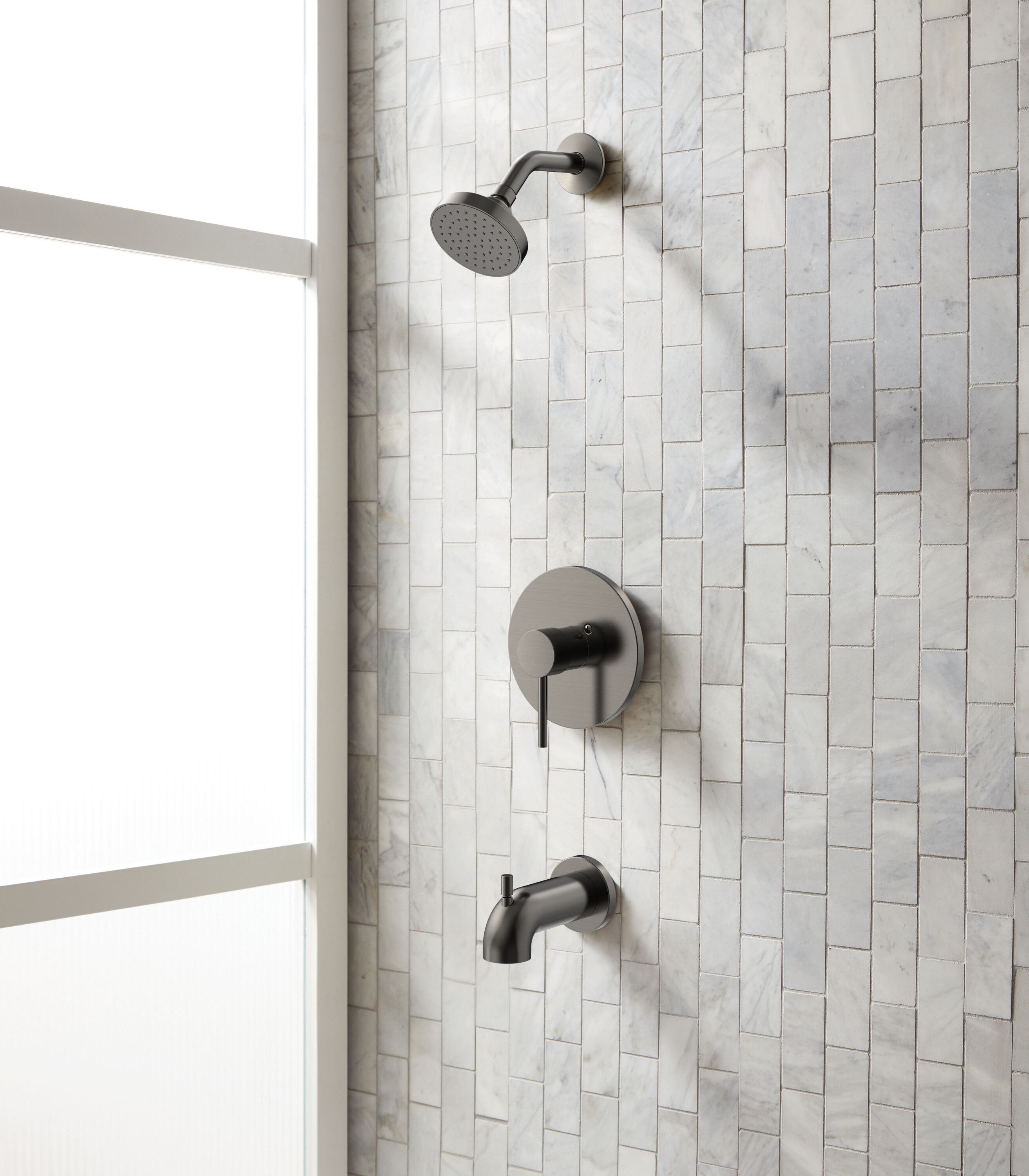 Grifo para bañera y ducha redondo de 3.94 pulgadas color gris gunmetal con una sola manija y función única