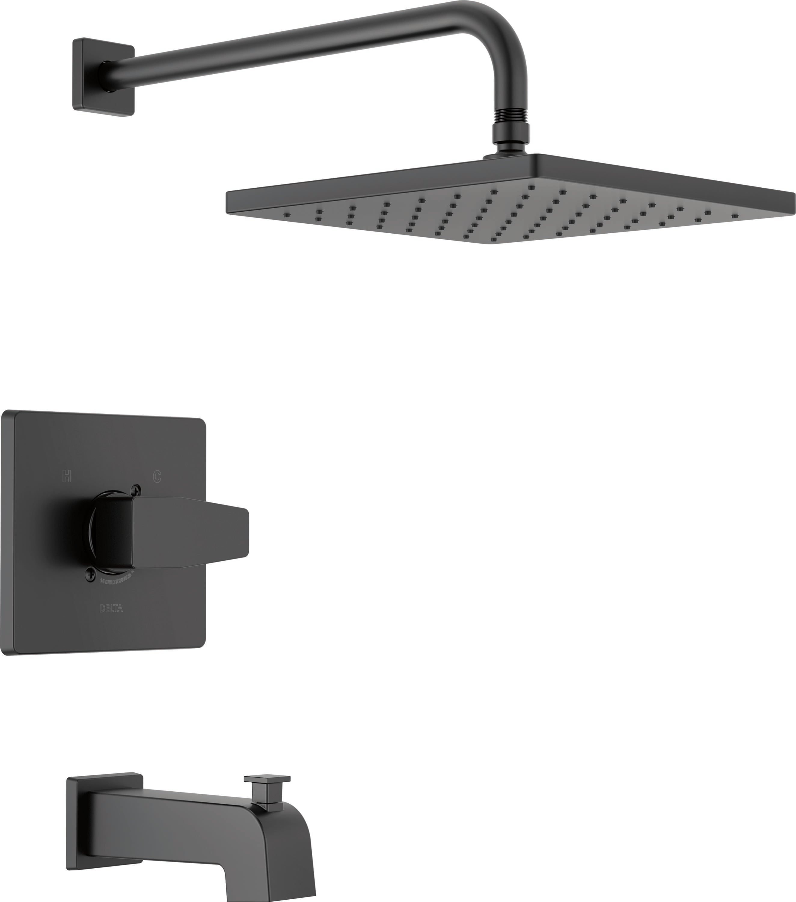 Grifo de bañera y regadera cuadrado de 10 pulgadas con un solo mango en negro mate moderno Delta T14468-BL-PP