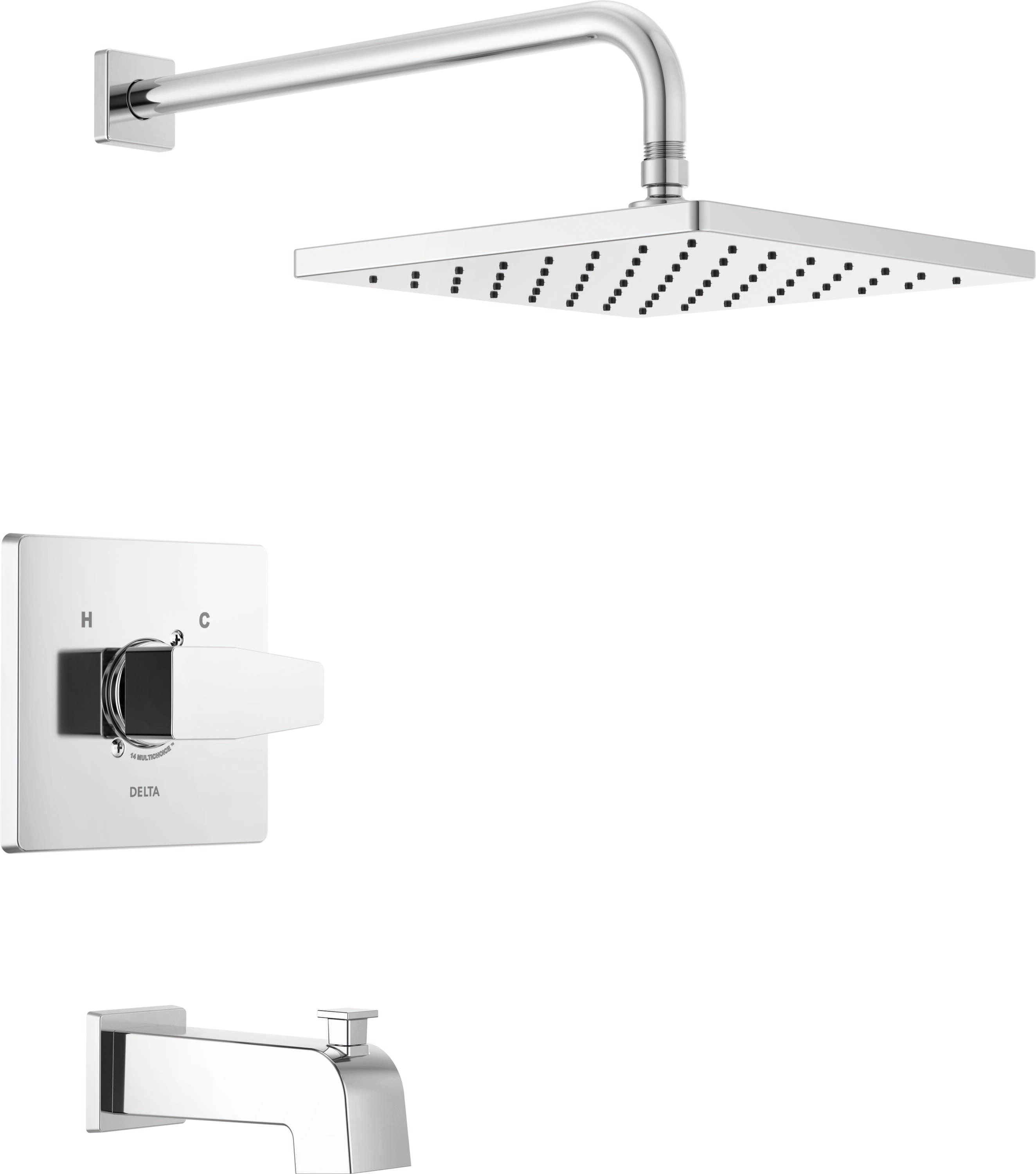 Grifo de bañera y ducha cuadrado de 10 pulgadas con un solo mango y función única en cromo moderno Delta T14468-PP