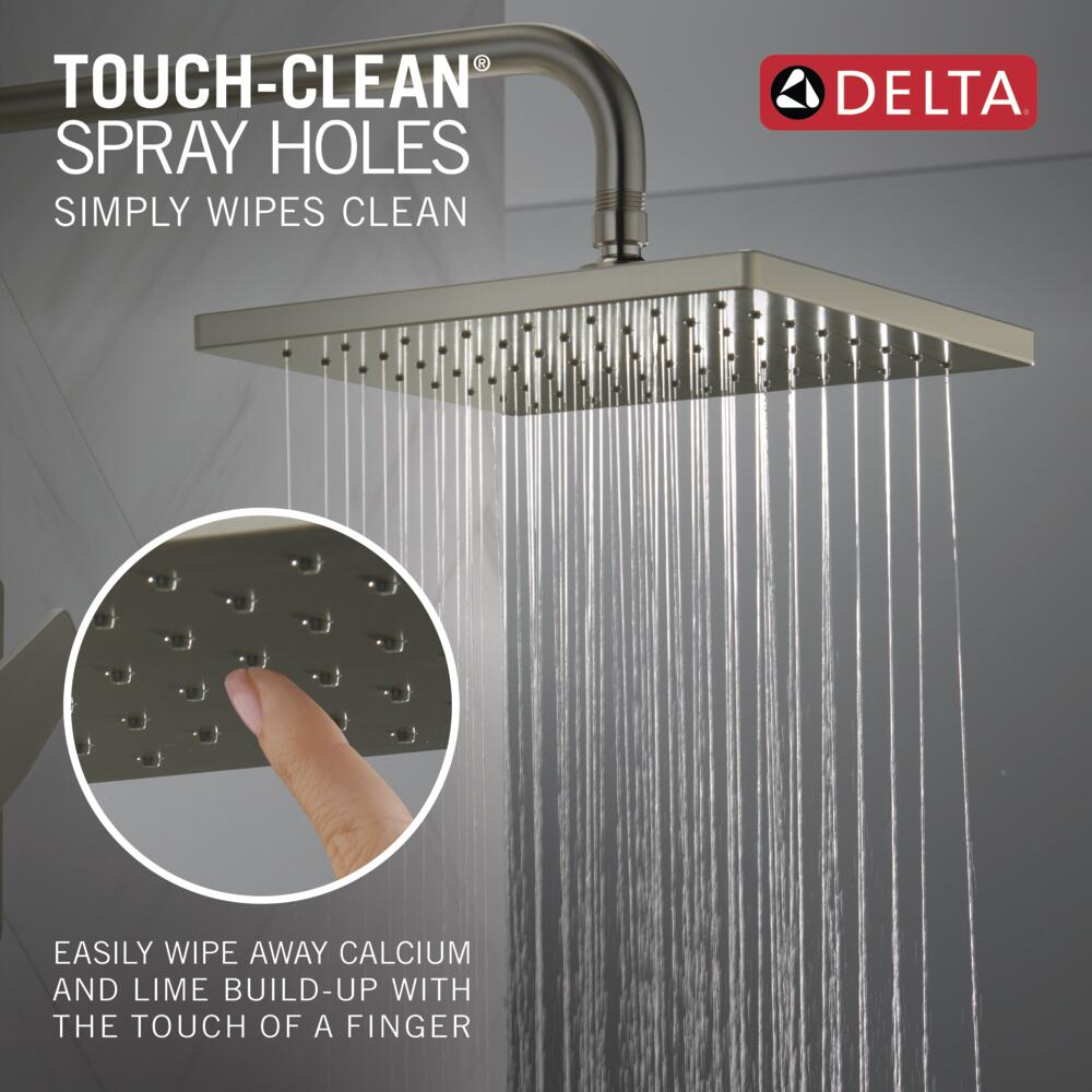 Grifo de bañera y regadera cuadrado de 10 pulgadas de acero inoxidable con un solo control y función, con tecnología SpotShield y diseño moderno de Delta T14468-SP-PP.
