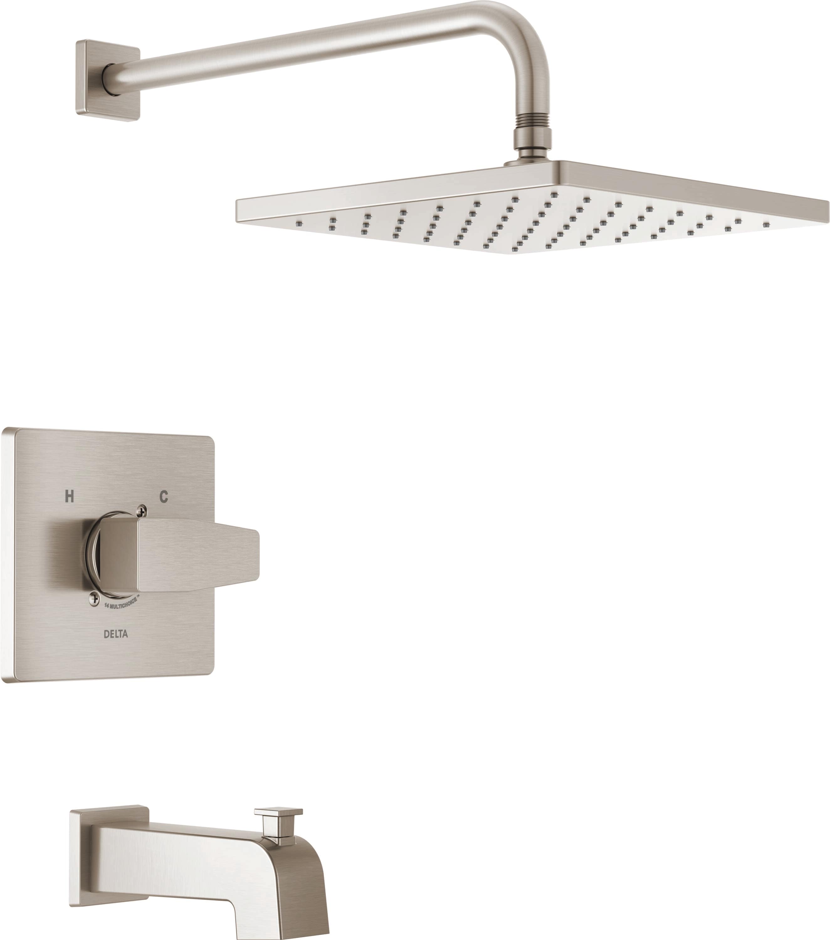 Grifo de bañera y regadera cuadrado de 10 pulgadas de acero inoxidable con un solo control y función, con tecnología SpotShield y diseño moderno de Delta T14468-SP-PP.