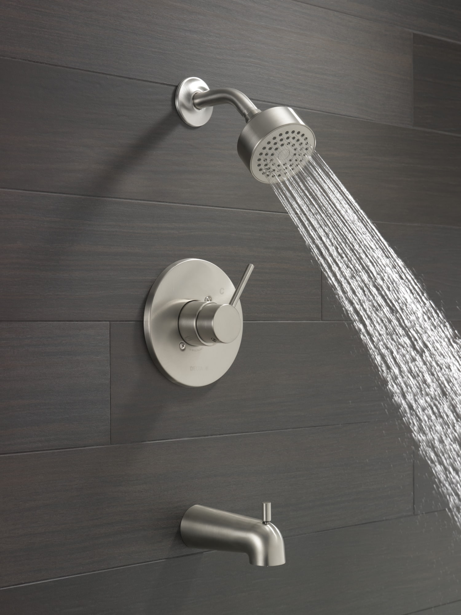 Grifo de bañera y regadera redonda de acero inoxidable moderno con manija única y función simple de 3.5 pulgadas Delta T14459-SS-PP