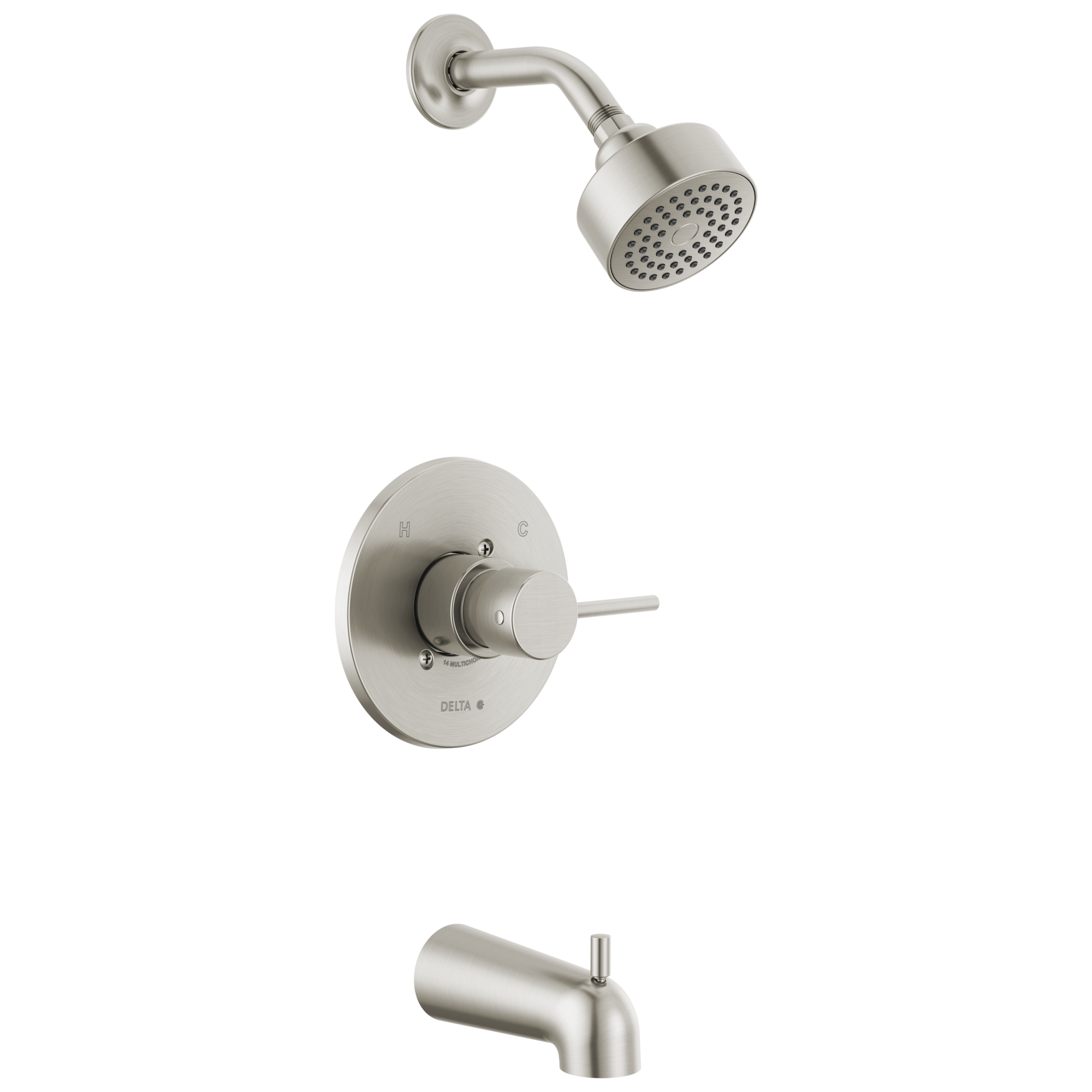 Grifo de bañera y regadera redonda de acero inoxidable moderno con manija única y función simple de 3.5 pulgadas Delta T14459-SS-PP