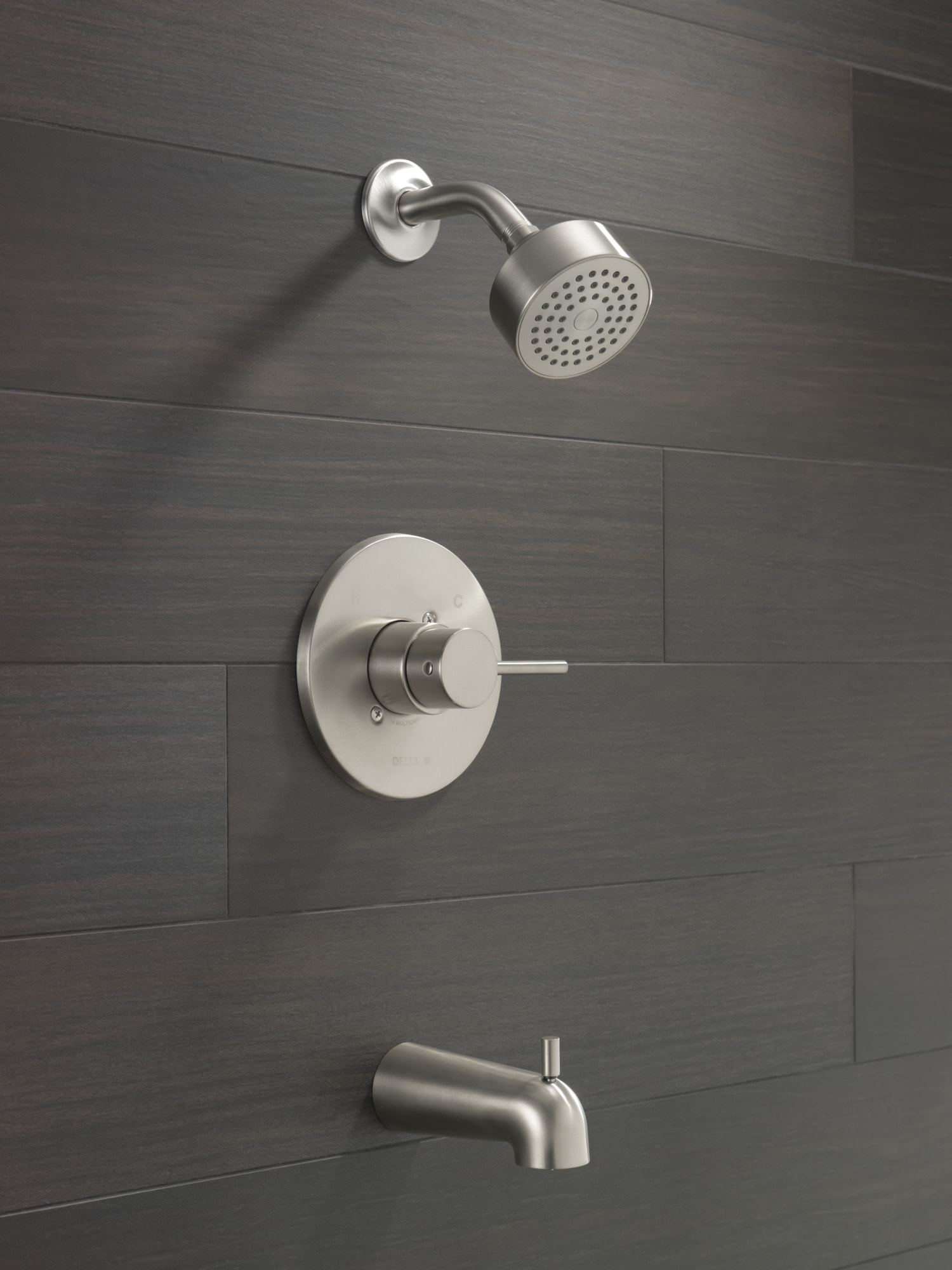 Grifo de bañera y regadera redonda de acero inoxidable moderno con manija única y función simple de 3.5 pulgadas Delta T14459-SS-PP